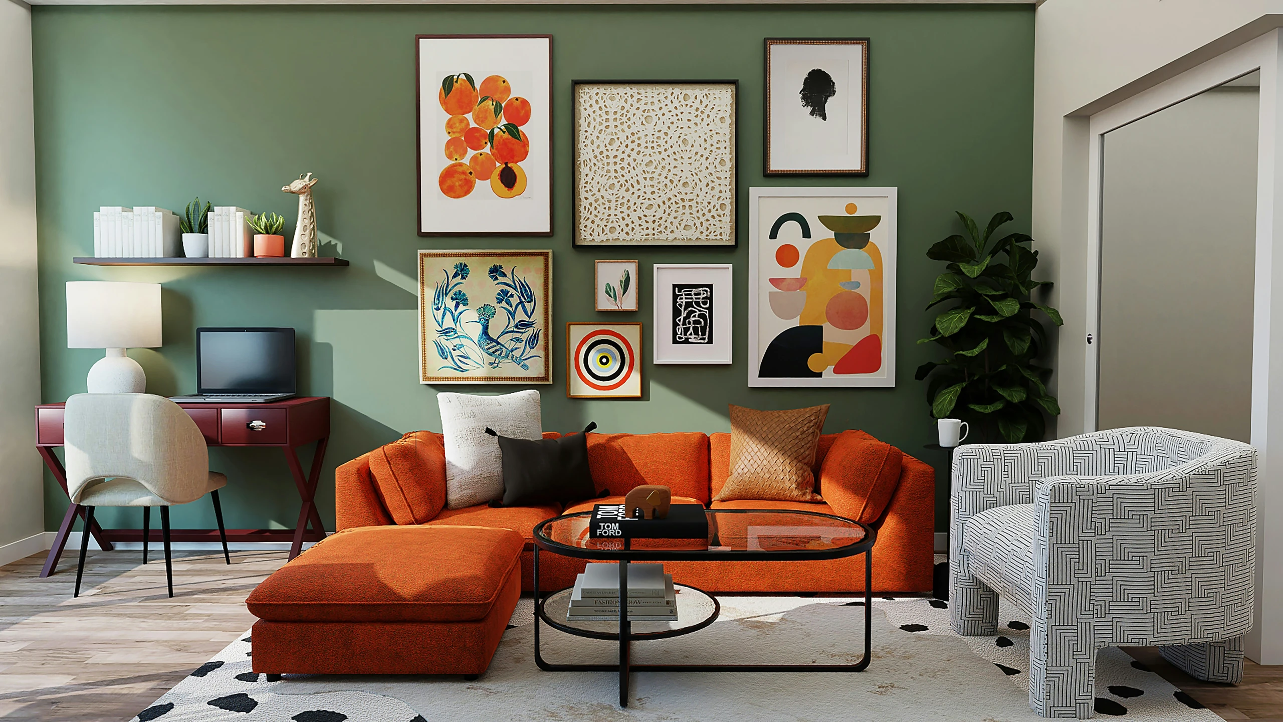 Vibrant and eclectic living room featuring an orange sectional sofa, patterned armchair, and a stylish gallery wall filled with colorful, modern art pieces. The backdrop is an accent wall with eye-catching color in sage green, which contrasts beautifully with the warm tones and bold shapes of the decor. A playful and creative showcase of living room decor ideas for walls, blending mid-century charm with contemporary flair.