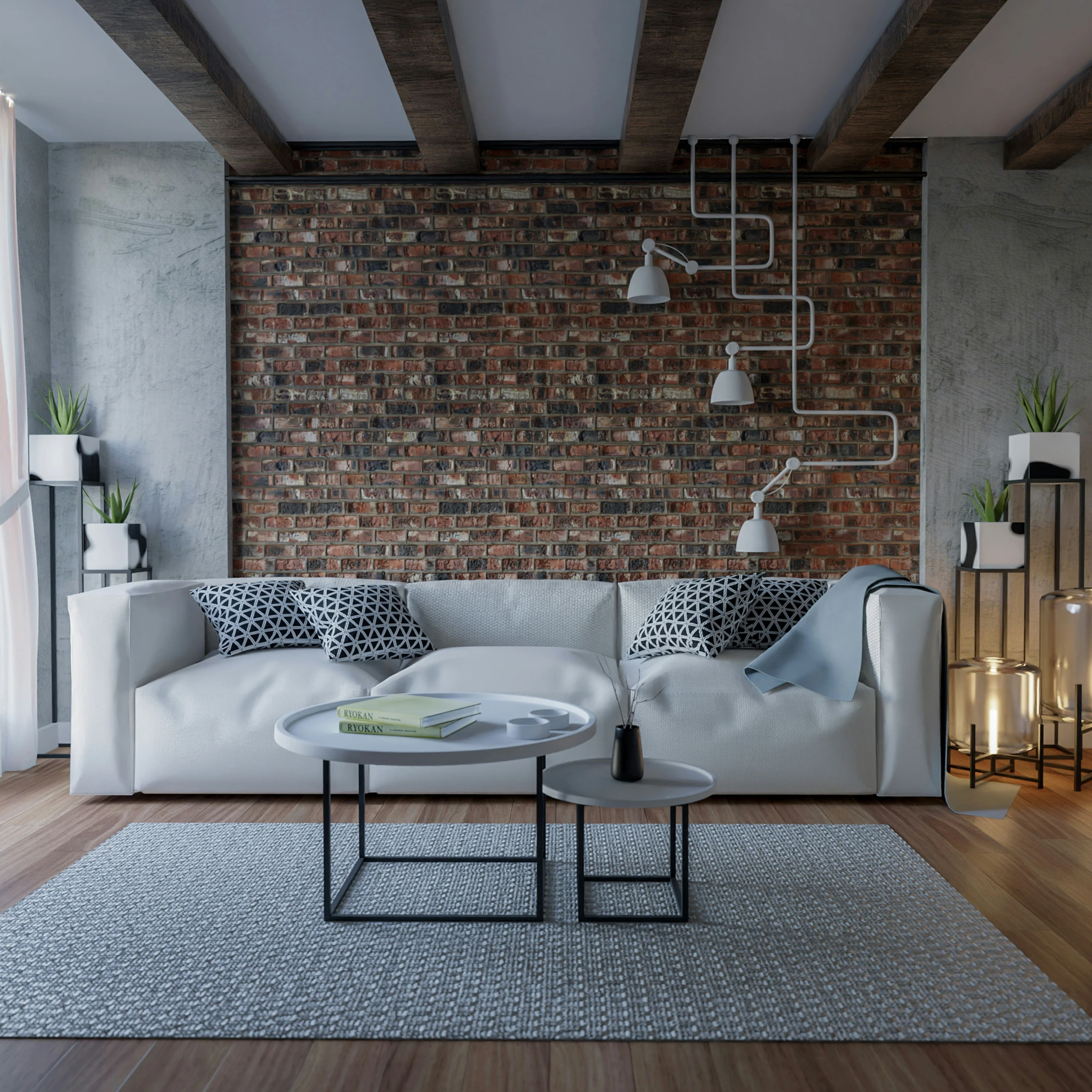 Modern industrial-style living room featuring a sleek white sofa with geometric-patterned pillows, round nesting coffee tables, and a textured rug. The focal point is a bold brick wall that adds warmth and character, framed by exposed ceiling beams and unique white pipe lighting. A stylish and edgy example of living room decor ideas for walls, blending raw materials with minimalist design.