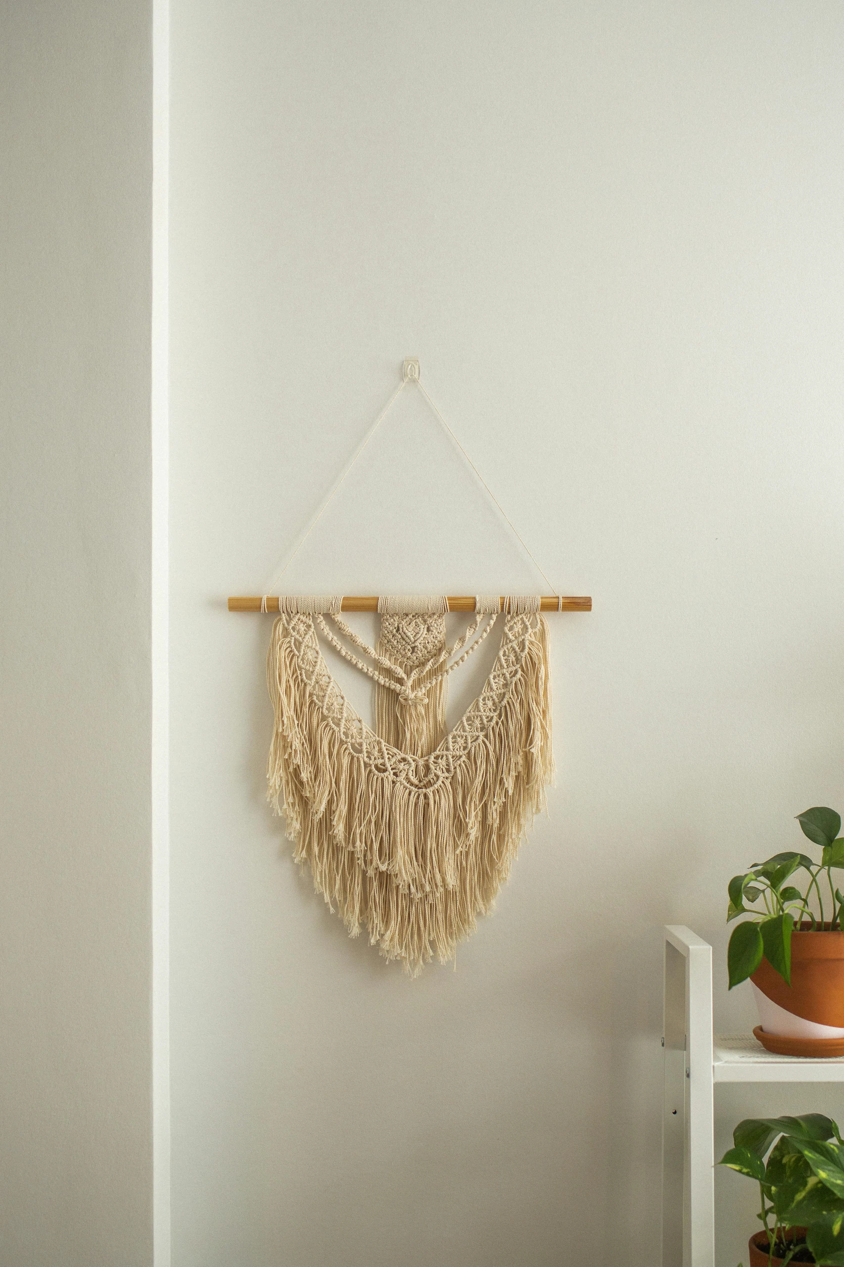 Minimalist living room wall featuring a handcrafted macrame wall hanging in neutral tones, paired with potted plants on a white shelf, offering cozy and stylish living room decor ideas for walls with macrame.