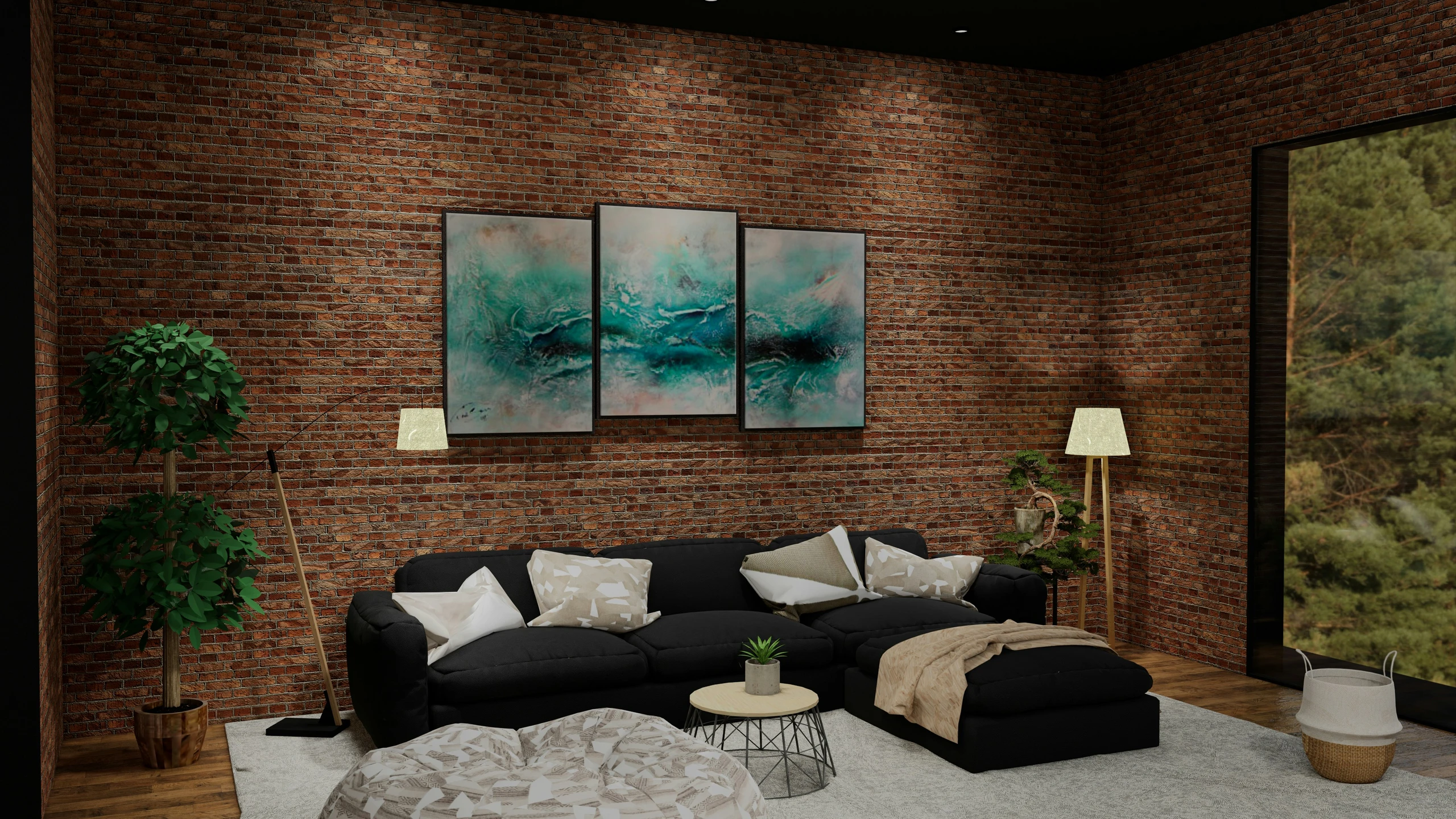 Contemporary living room with exposed brick walls, a sleek black sectional sofa, and cozy neutral-toned pillows. A striking multi panel art work in shades of teal and black serves as the centerpiece above the sofa, offering bold contrast and style. The space is accented with modern floor lamps, lush green plants, and a soft area rug — an inspiring example of living room decor ideas for walls that balance texture, color, and comfort.