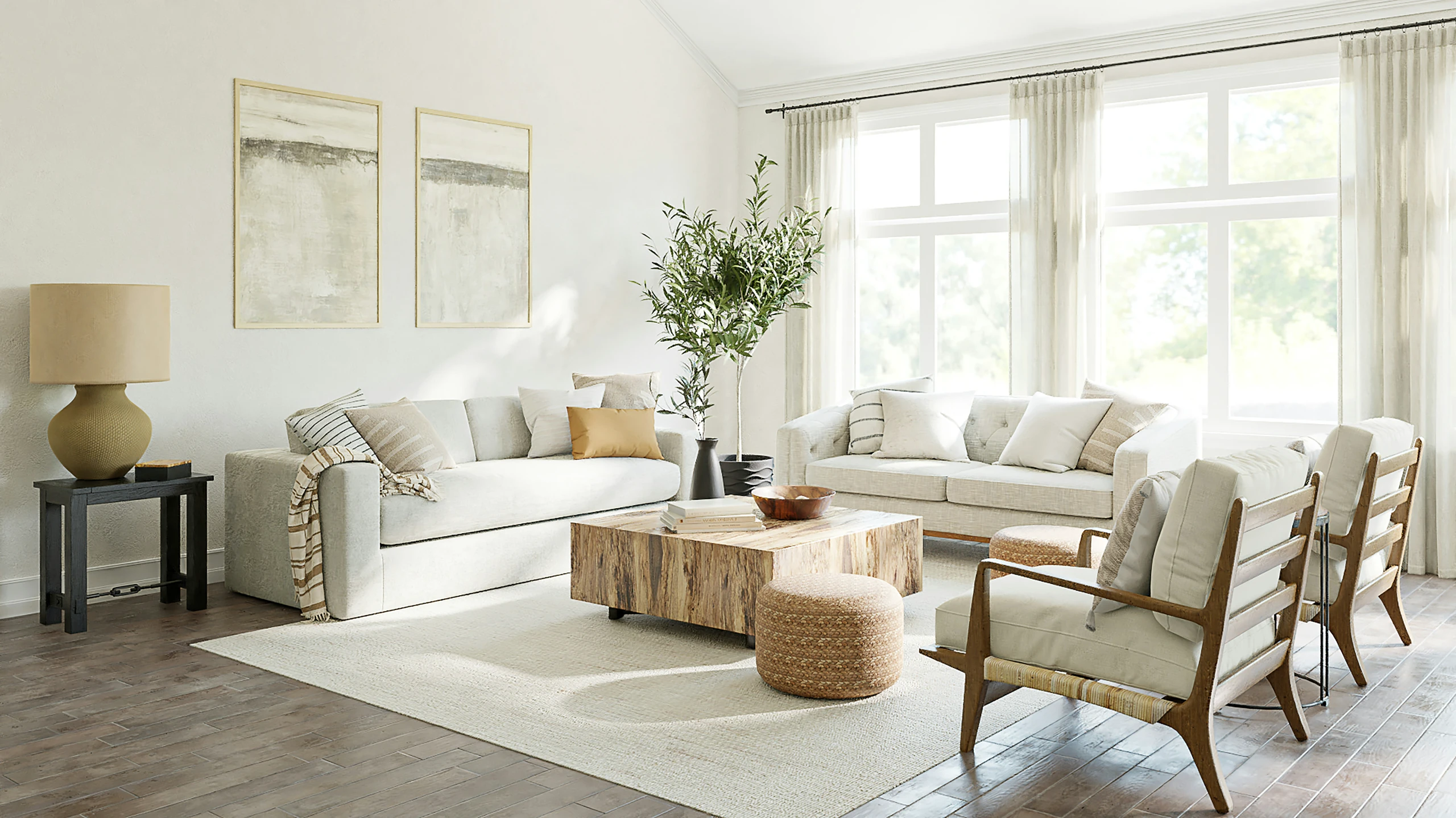 Bright and airy living space filled with natural light, featuring neutral-toned furniture, a rustic wooden coffee table, and cozy accents, perfect inspiration for living room farmhouse decor ideas.