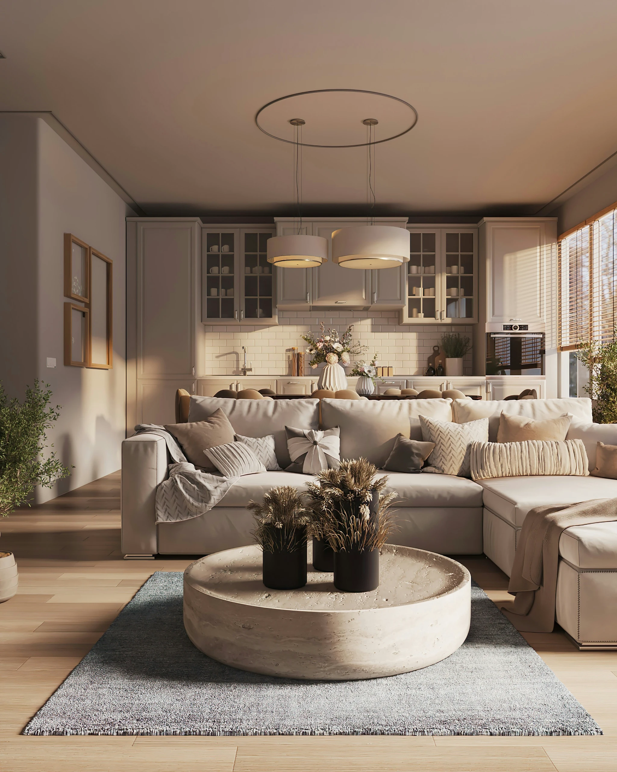 Bright and inviting living space highlighting living room farmhouse decor ideas with soft beige tones, cozy textiles, and abundant natural light streaming through large windows, creating a warm and relaxed atmosphere.