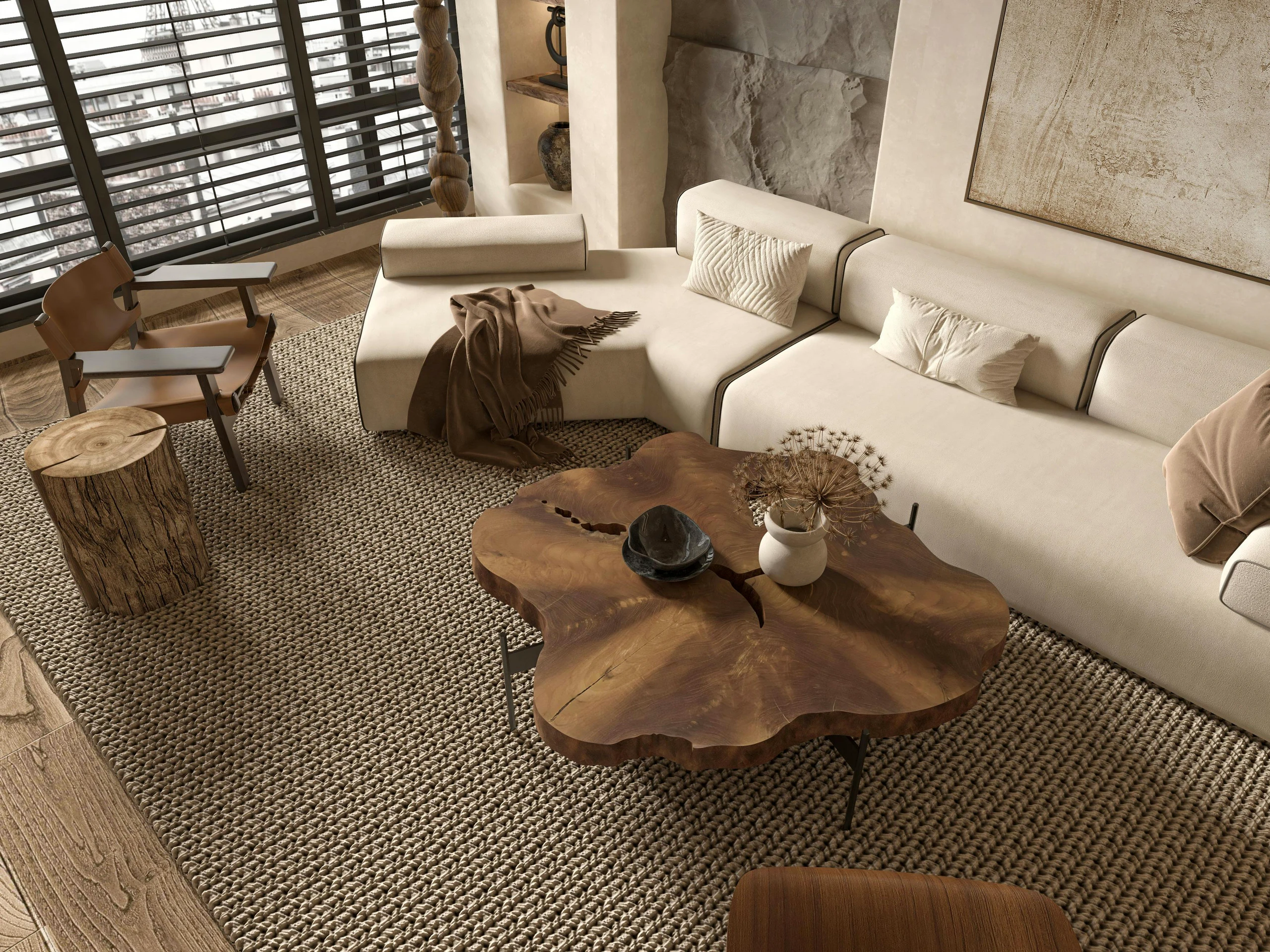 Cozy modern living room with a rustic wooden coffee table, neutral-toned sectional, textured rug, and a large canvas art piece, showcasing elegant living room farmhouse decor ideas.