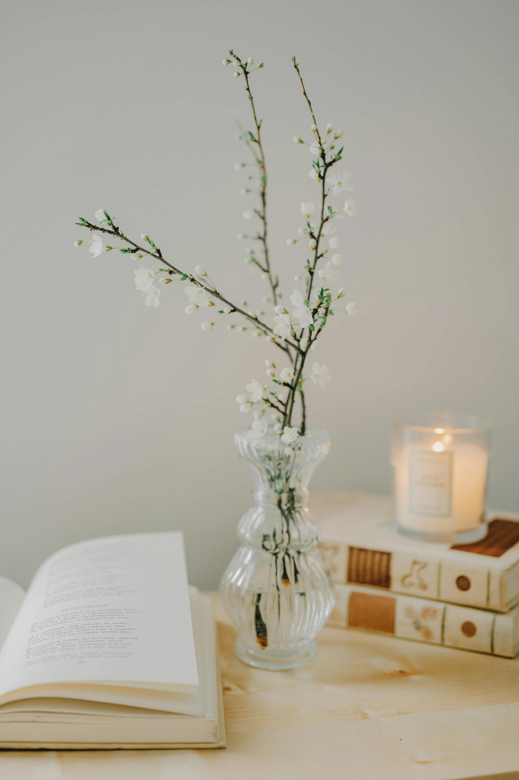 Close-up of delicate nature decor with blooming white branches in a glass vase, a lit candle, and vintage books on a wooden surface, a serene example of living room farmhouse decor ideas.