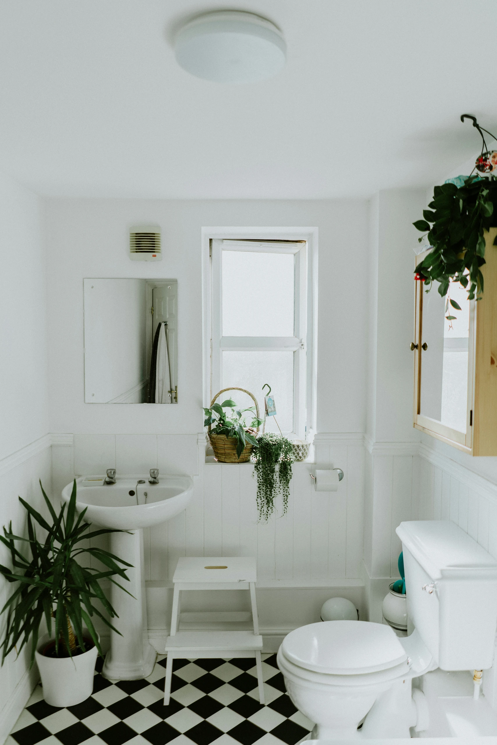 A bright and airy bathroom featuring small bathroom ideas on a budget, with black-and-white checkered flooring, a pedestal sink, and a clever use of plants and greenery to create a fresh, inviting atmosphere while maintaining affordability and charm.