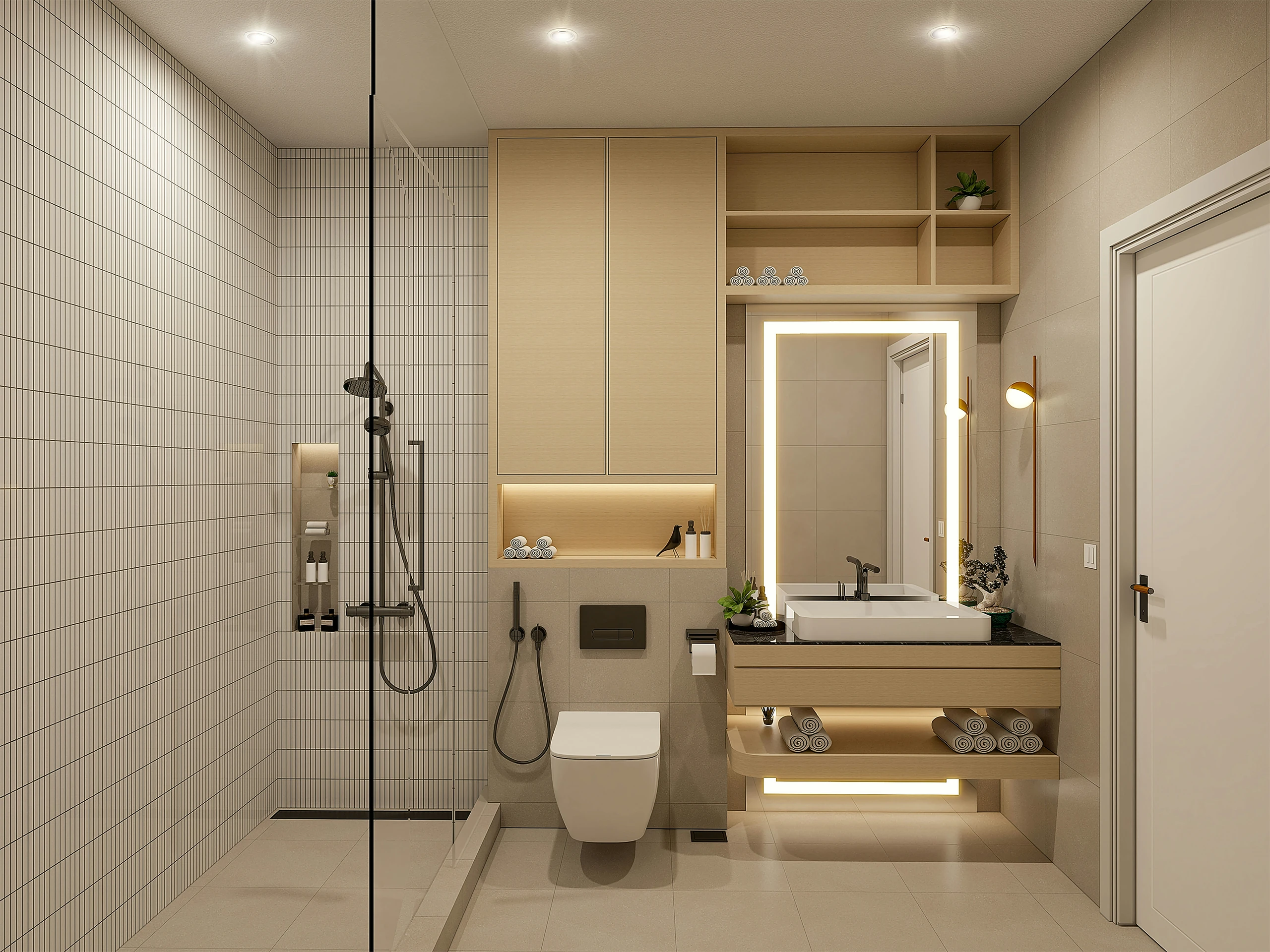 Modern and budget-friendly small bathroom with a sleek walk-in shower, a wall-mounted toilet, and a vanity with under-sink towel storage. The design smartly makes the most of the space above the toilet with built-in cabinetry and open shelving for towels and decor, highlighting clever small bathroom ideas on a budget and efficient use of vertical space.