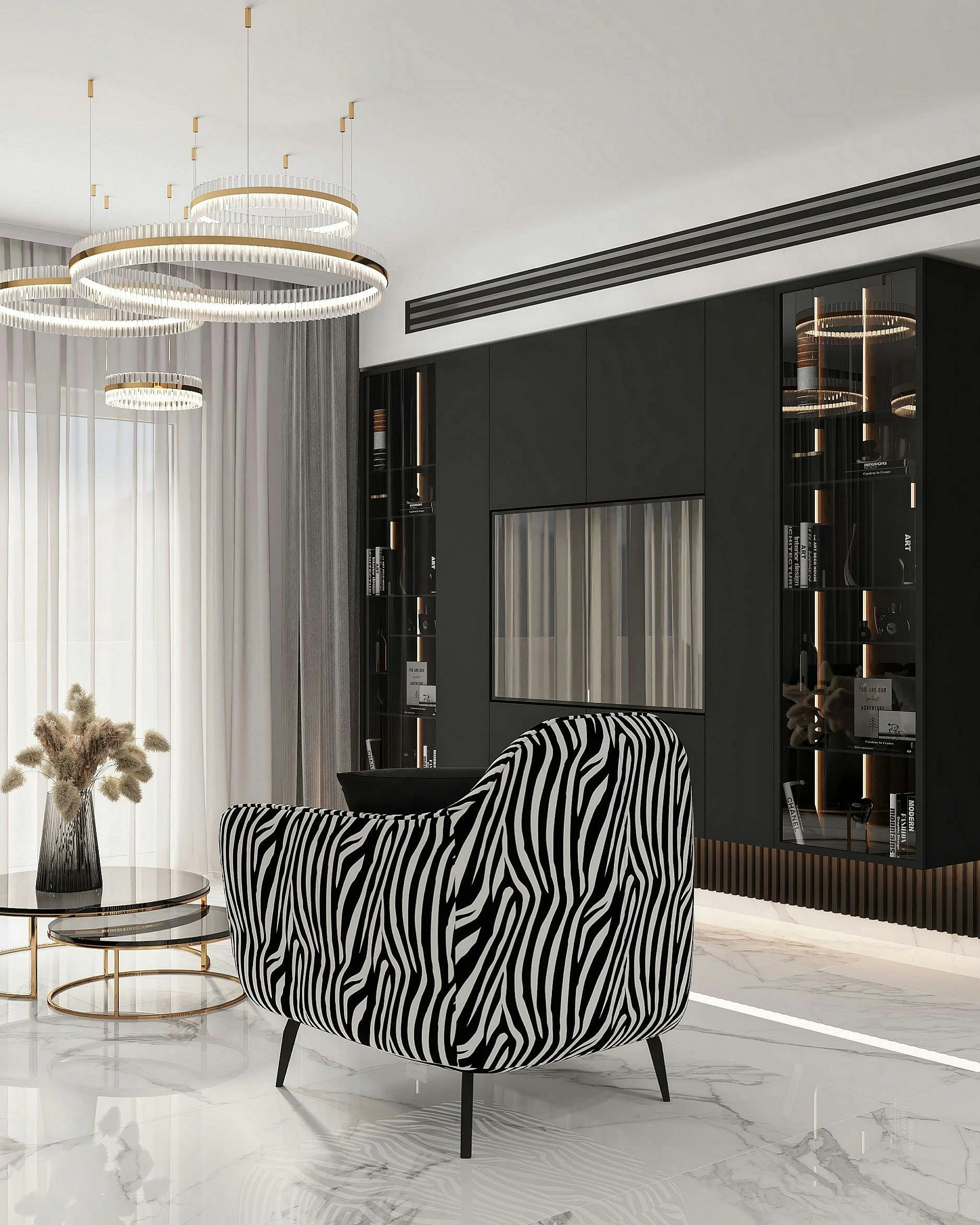 Elegant inspiration on how to decorate a round coffee table with dried flowers in a vase, set in a modern, high-contrast living room featuring marble floors, a zebra-print armchair, and layered gold-accented tables that blend sophistication with bold style.