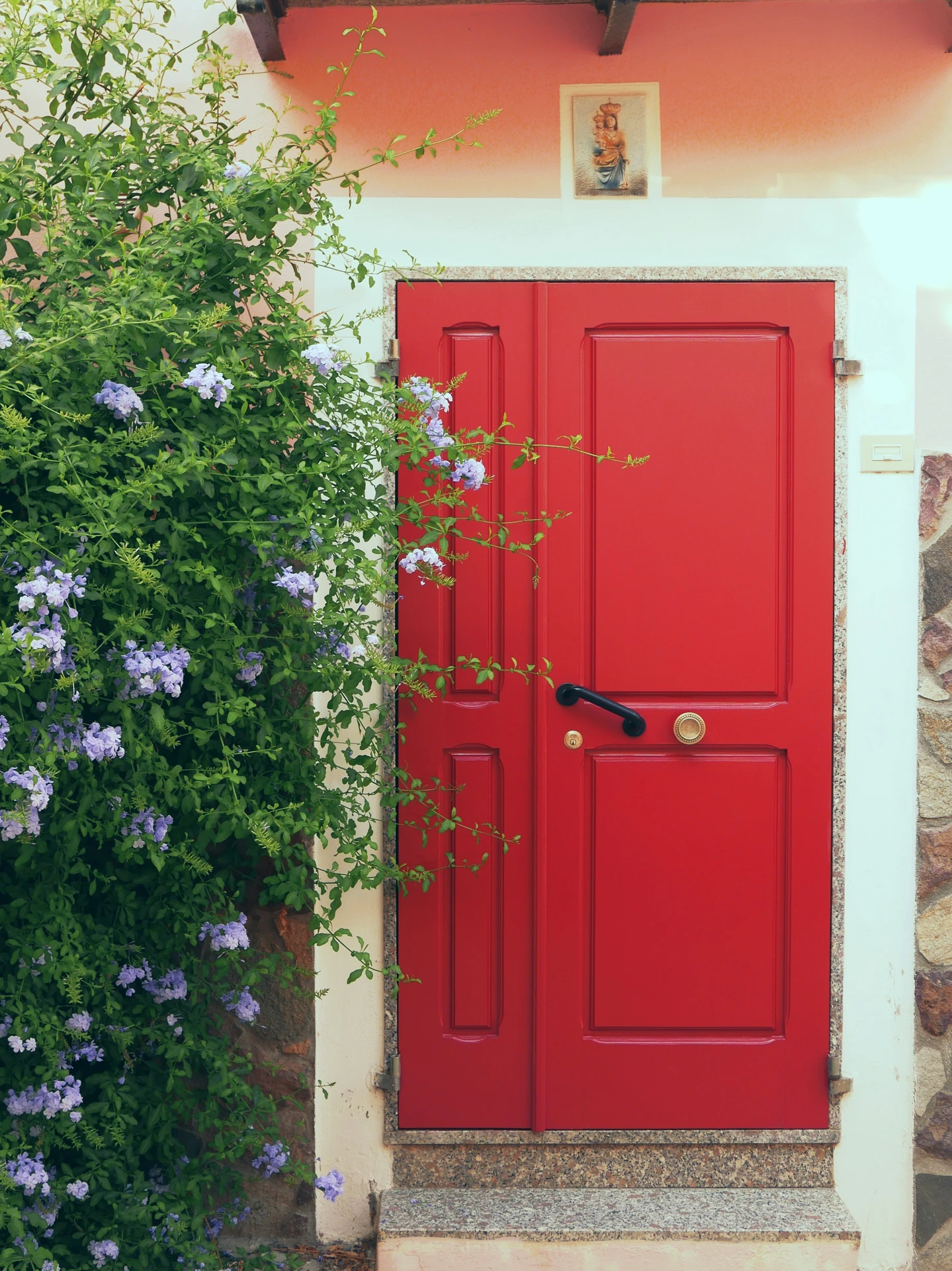 Bold red front door accented with a humorous black hand-shaped door knob, surrounded by vibrant green vines and purple flowers. An eye-catching blend of playful and charming ideas for front door decor. The funny hand knob adds a quirky twist to the classic setup.