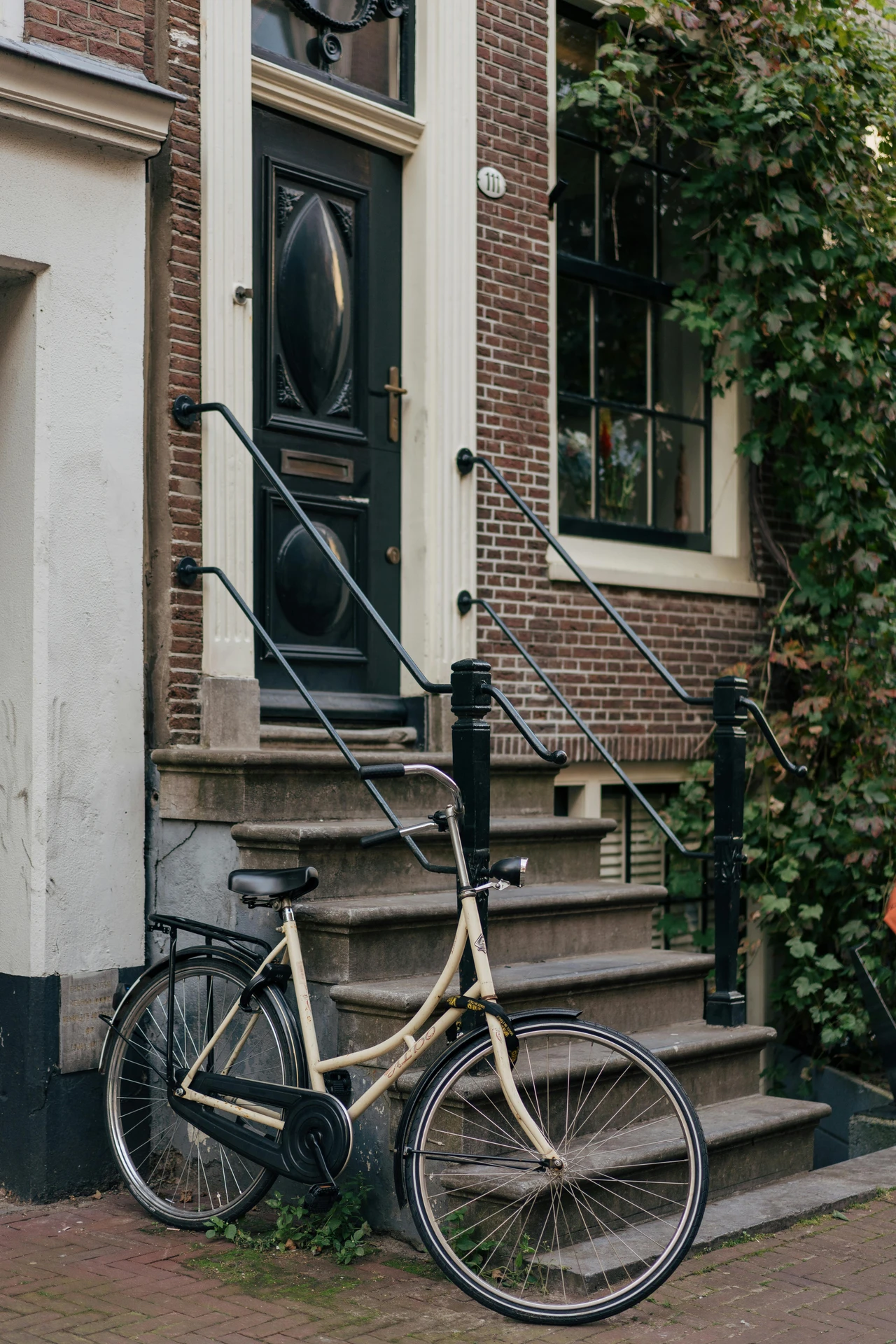 Charming dark front door with ornate details, set against a red brick façade and framed by lush ivy climbing the wall. An inviting and timeless inspiration of ideas for front door decor that pairs natural greenery with classic architectural elegance.