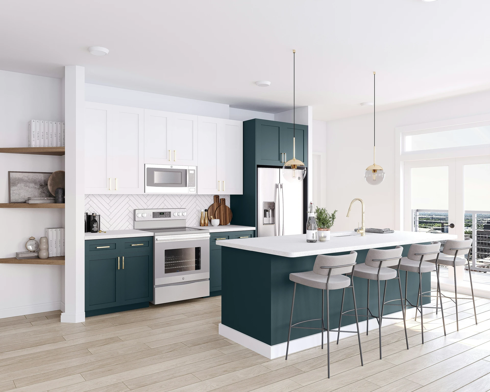 Modern kitchen with a clean, open layout featuring a bold teal-blue colorful kitchen island paired with light countertops and gray bar stools. Gold accents on the pendant lights and cabinet hardware add elegance, while a small potted plant and tray on the island offer stylish and simple kitchen island decor ideas. The two-tone cabinetry and natural light enhance the bright, contemporary feel.