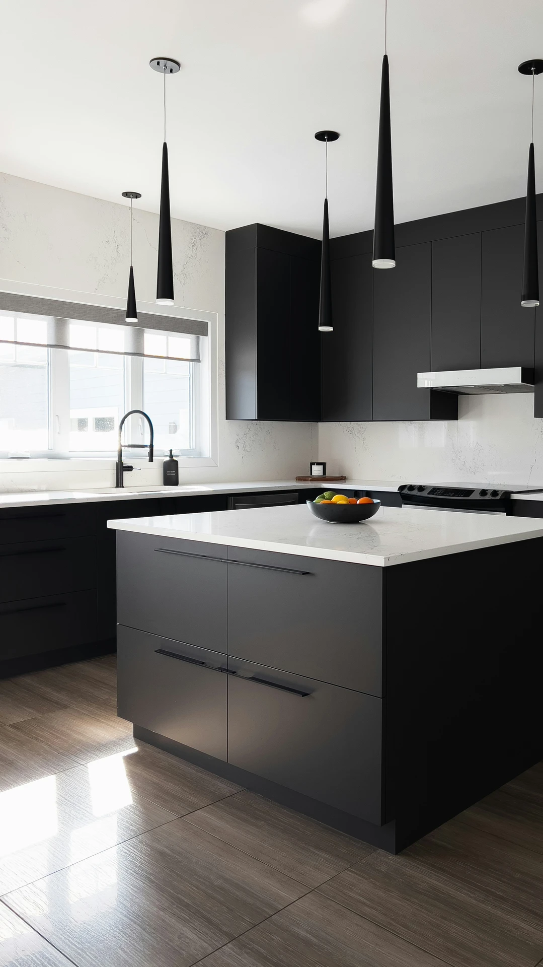 Minimalist contemporary kitchen featuring a sleek black and white color palette with a striking contemporary kitchen island at the center. The island showcases simple kitchen island decor ideas, including a modern fruit bowl that adds a pop of color. Elegant black cone pendant lights and handleless cabinetry enhance the clean, modern aesthetic, making this space a perfect example of functional and stylish kitchen design.
