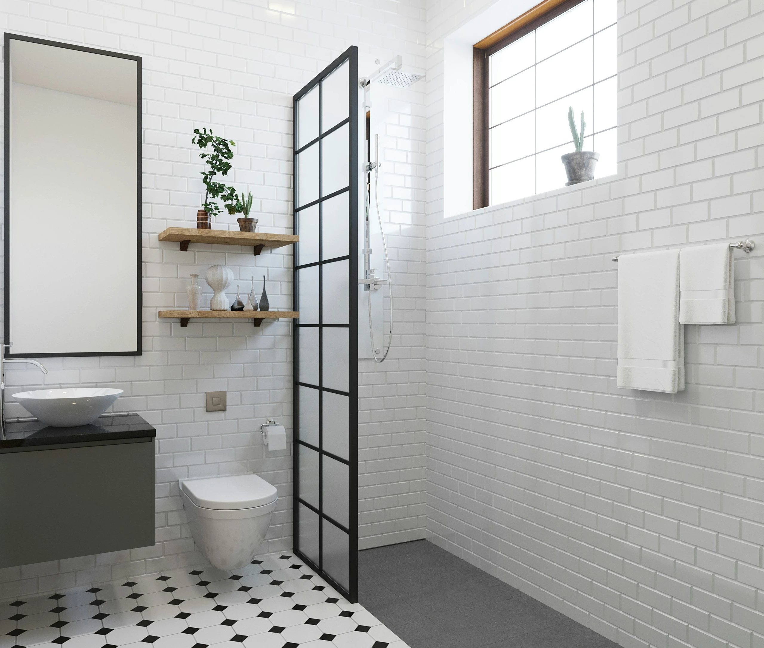 Modern white-tiled bathroom showcasing clever small bathroom ideas on a budget, featuring floating wooden shelves that make the most of the space above the toilet for stylish and functional storage.