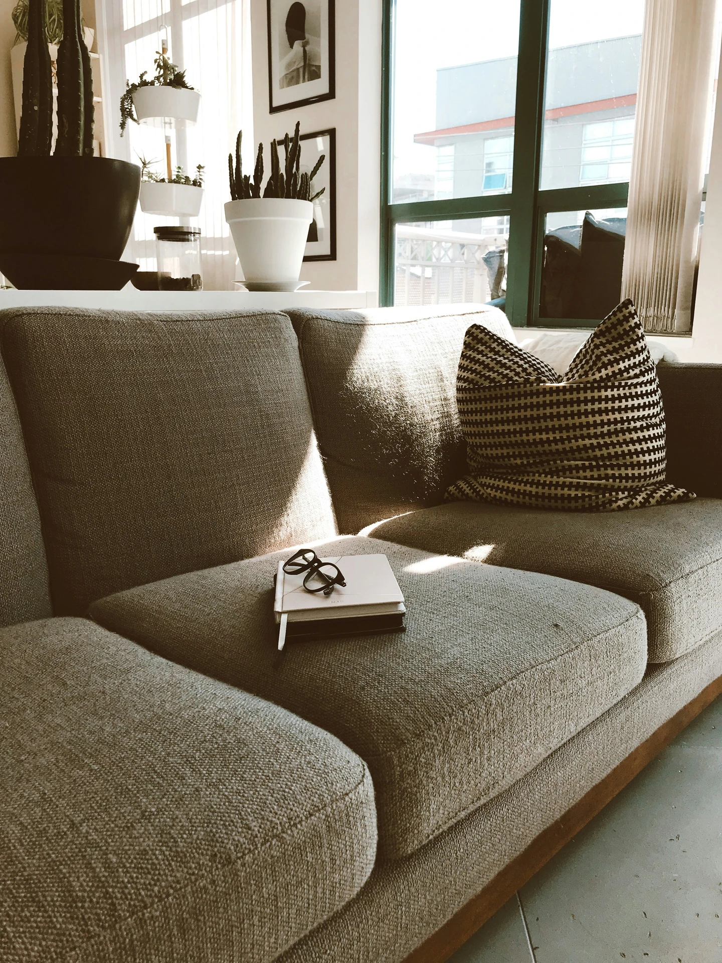 Sunlit living room featuring a textured grey sofa accented with a bold black and white patterned pillow. A notebook and glasses rest casually on the seat, while a collection of succulents and cacti in modern planters bring a fresh, organic feel to the space. The design demonstrates how to style a grey sofa by blending monochrome details with greenery for a relaxed yet contemporary look.