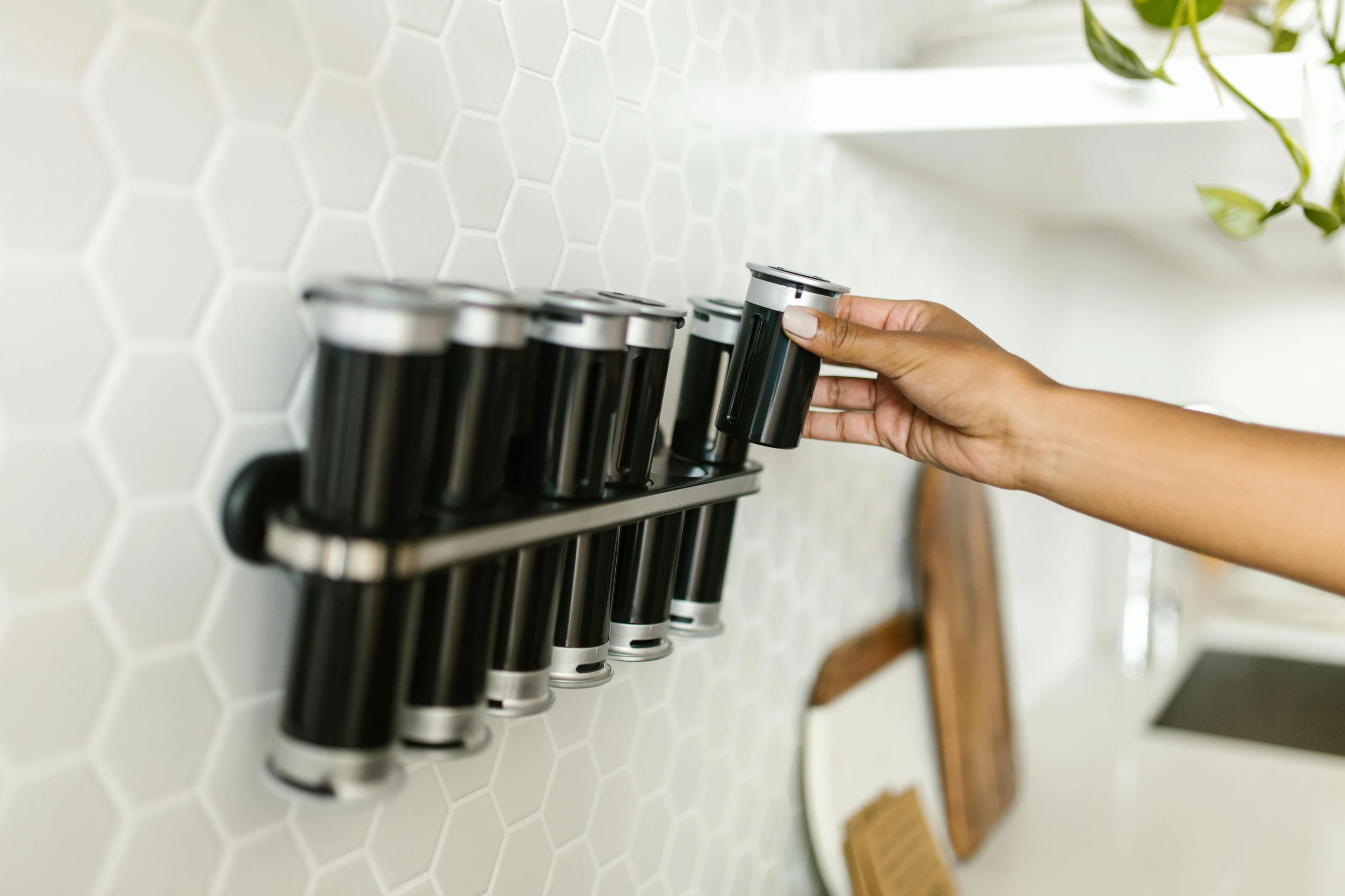 Close-up of a modern kitchen showcasing smart kitchen counter organization with a