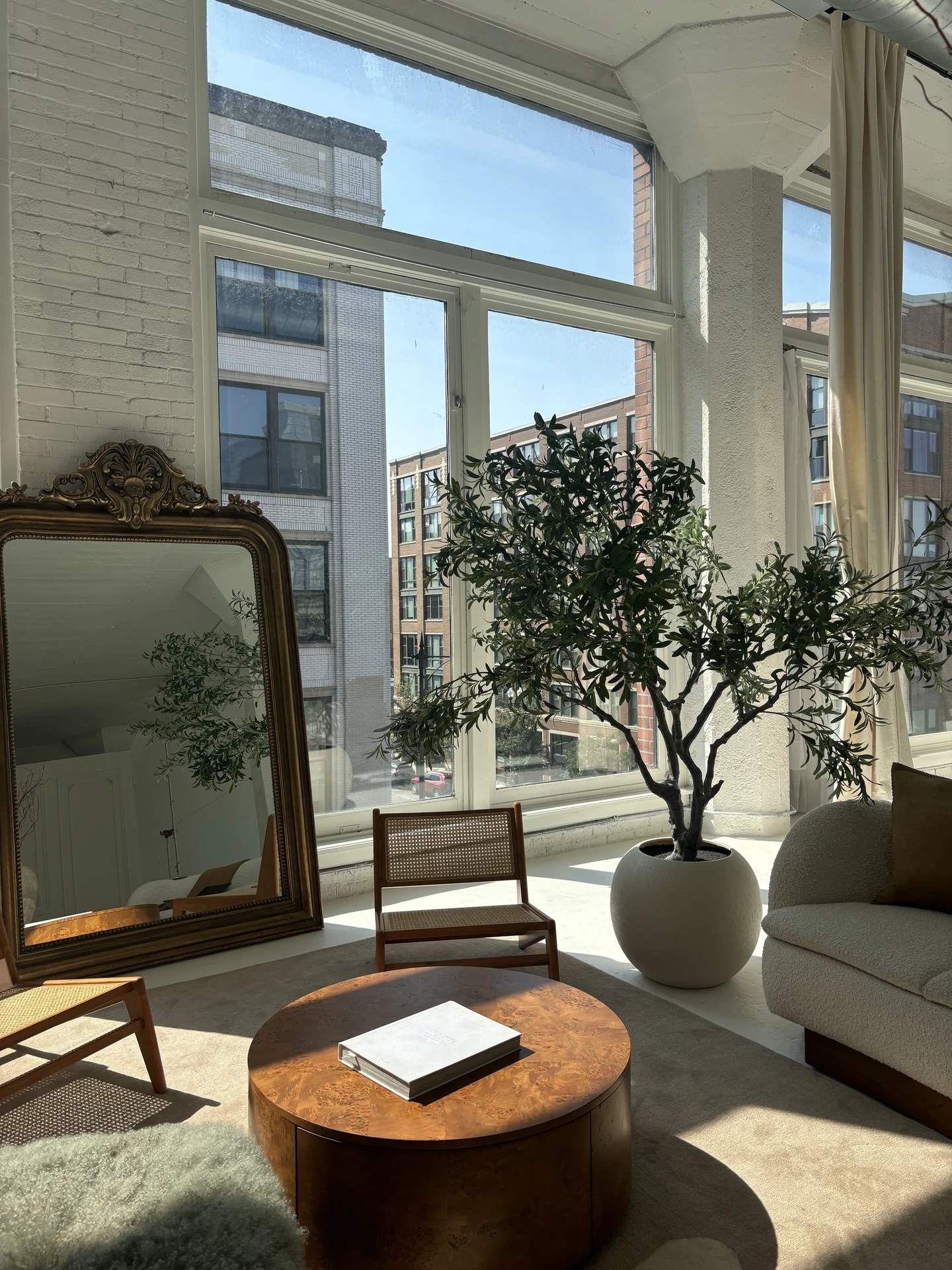Sunlit loft after a living room makeover, featuring floor-to-ceiling windows, a round wooden coffee table, and woven chairs. A large potted olive tree brings plants and greenery into the space, complemented by a vintage ornate mirror leaning against the wall and a soft neutral rug that grounds the seating area.