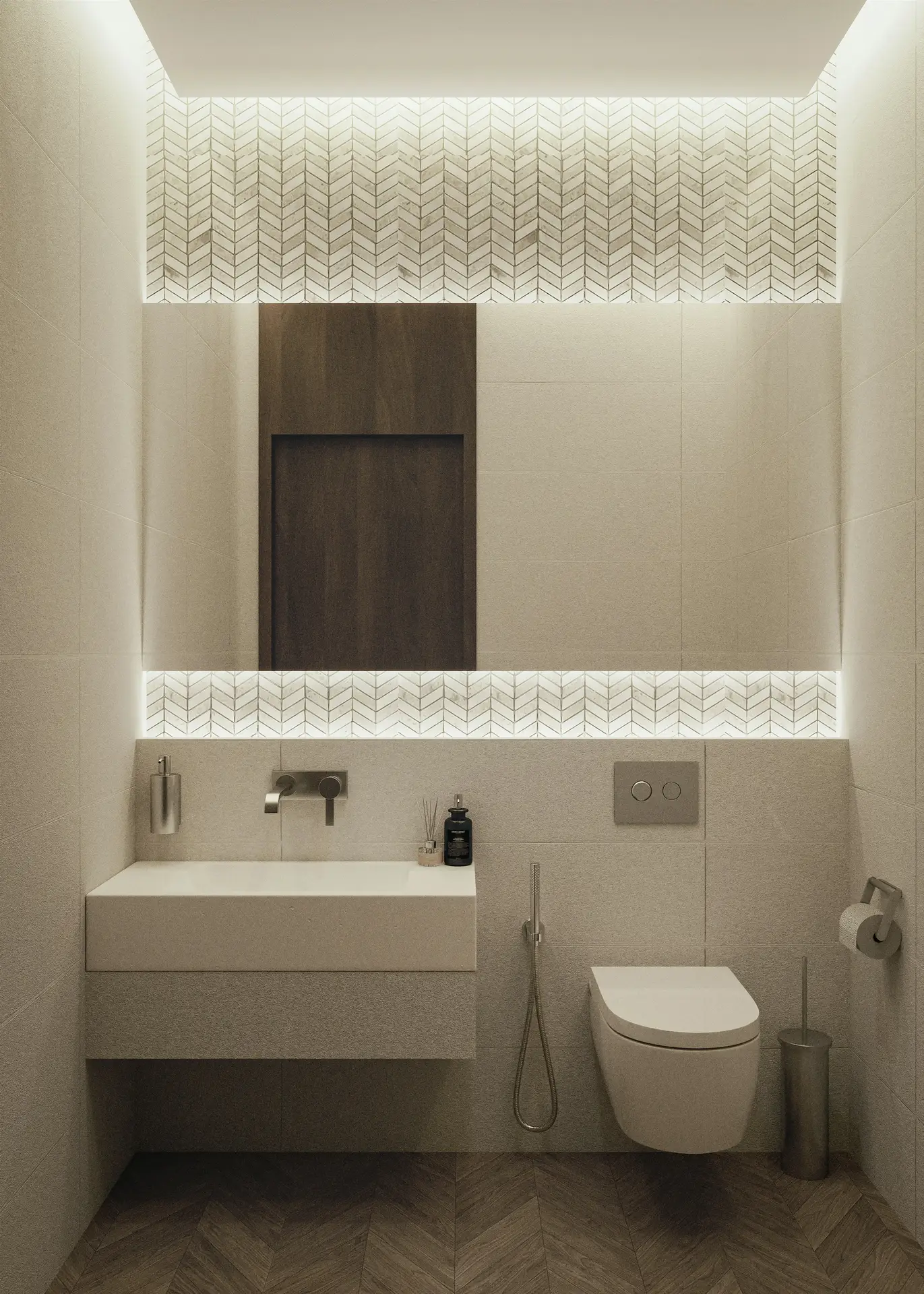 Stylish small bathroom remodel featuring light-toned walls, herringbone tile flooring, and a sleek floating toilet. A modern wall-mounted vanity with integrated sink and underlit backsplash creates a clean, space-saving design that blends functionality with contemporary elegance.