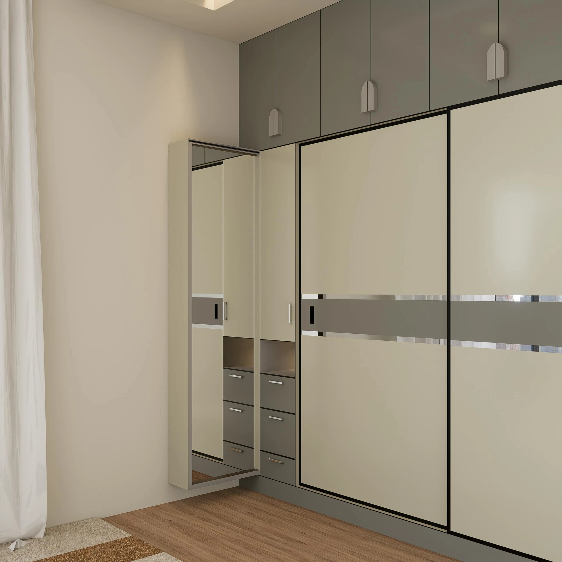 A clean and modern setup for small bedroom decor, featuring built-in wardrobes with sleek sliding doors on the cabinet to save space and keep the room uncluttered. Neutral beige and gray tones blend with the wooden flooring, while the full-height mirror adds both practicality and the illusion of a larger area. Overhead storage and neatly arranged drawers provide smart organization without overwhelming the minimalist aesthetic.