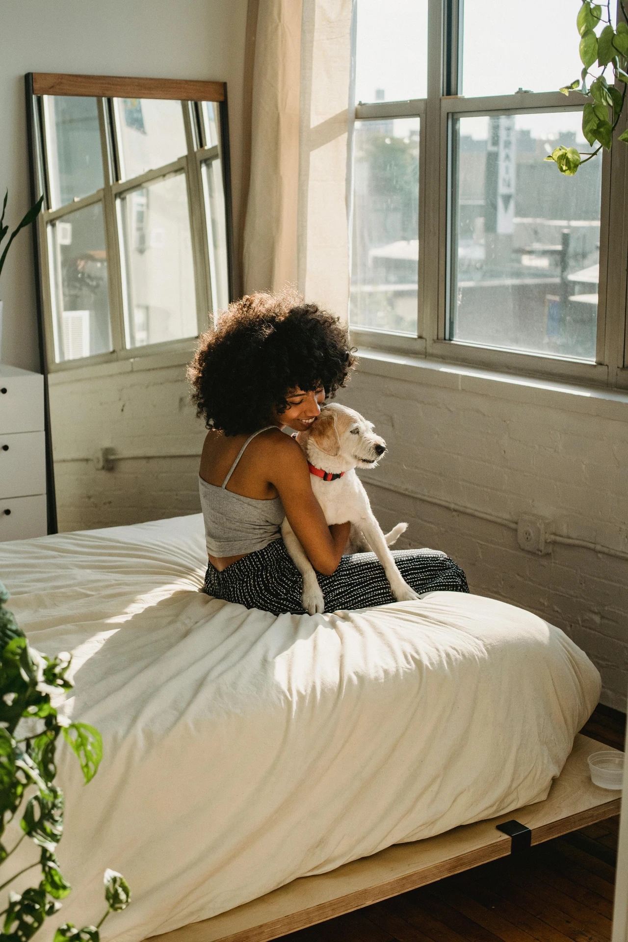 A sunlit room styled with small bedroom decor, featuring a cozy low bed with white bedding, green plants adding freshness, and a large mirror leaning against the wall to reflect light and create depth, showing how to place mirrors strategically to make the space feel bigger. A woman sits on the bed, smiling while holding her dog, which brings warmth and personality to the minimal yet inviting setup. The tall windows with neutral curtains flood the room with natural light, enhancing its airy atmosphere.