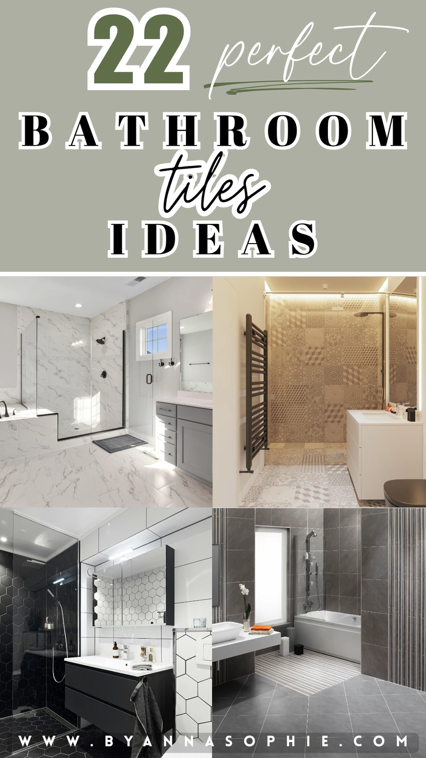 Pinterest Pin with 22 perfect bathroom tiles ideas, featuring marble tiles, patterned shower walls, black hexagon designs, and modern gray tiles. Nice inspiration for stylish and functional bathroom tile decor.