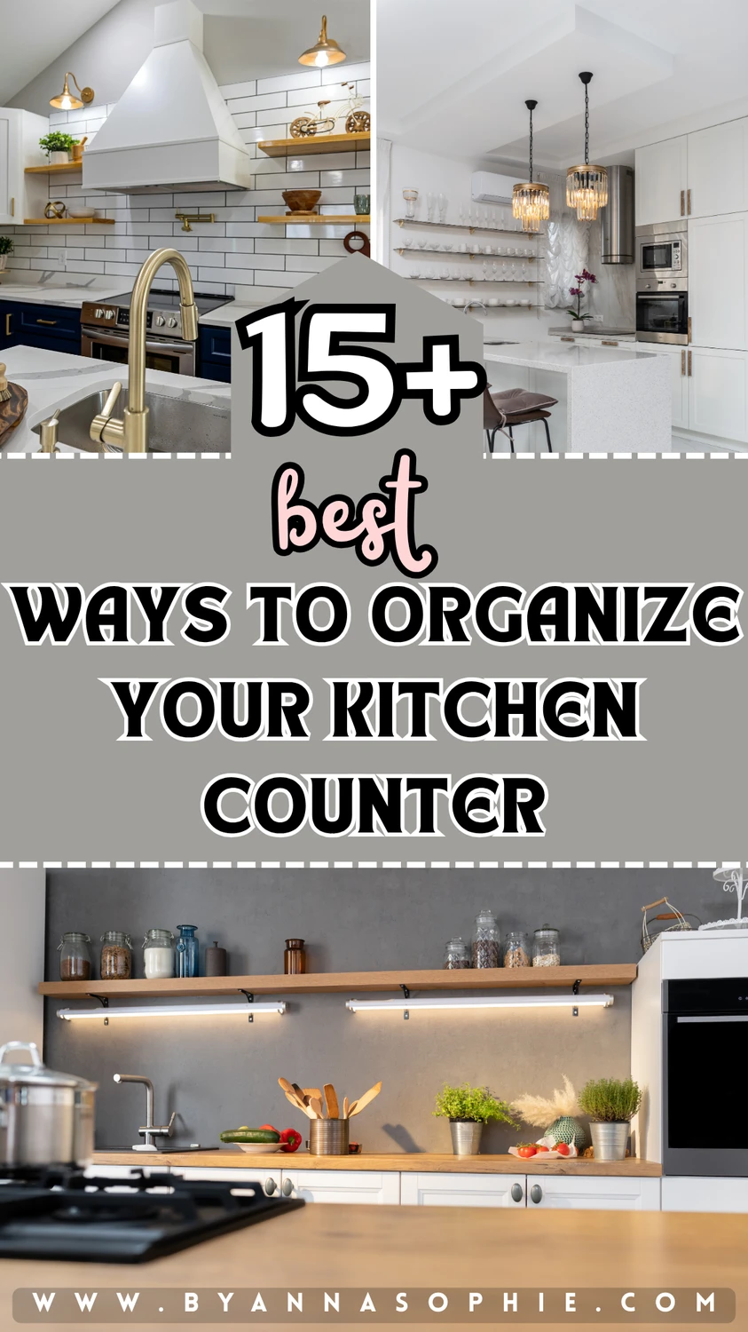 Smart and stylish kitchen counter organization ideas featuring open shelves, jars, plants, and clean surfaces for a modern and functional look.
