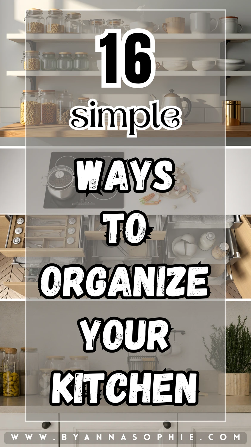 Smart and simple kitchen organization ideas featuring open shelves, labeled jars, and neatly arranged drawers, perfect inspiration for a clean and functional kitchen space.