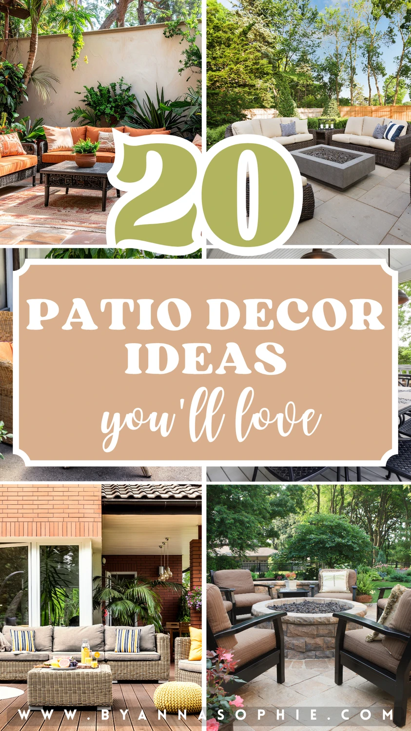 Beautiful patio decor ideas featuring cozy seating areas, wicker furniture, fire pits, and lush greenery, perfect inspiration for creating an inviting outdoor living space.
