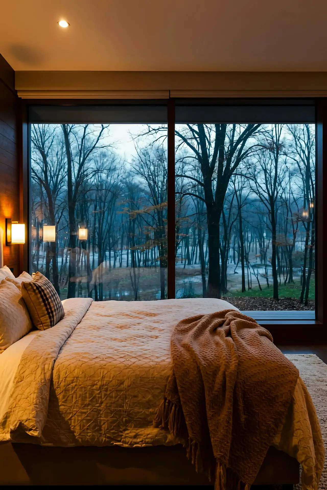 A serene bedroom with a large window overlooking a misty forest, featuring a neatly layered bed with cozy seasonal textures and warm lighting-an inviting scene that inspires calming bedroom ideas for any time of year.