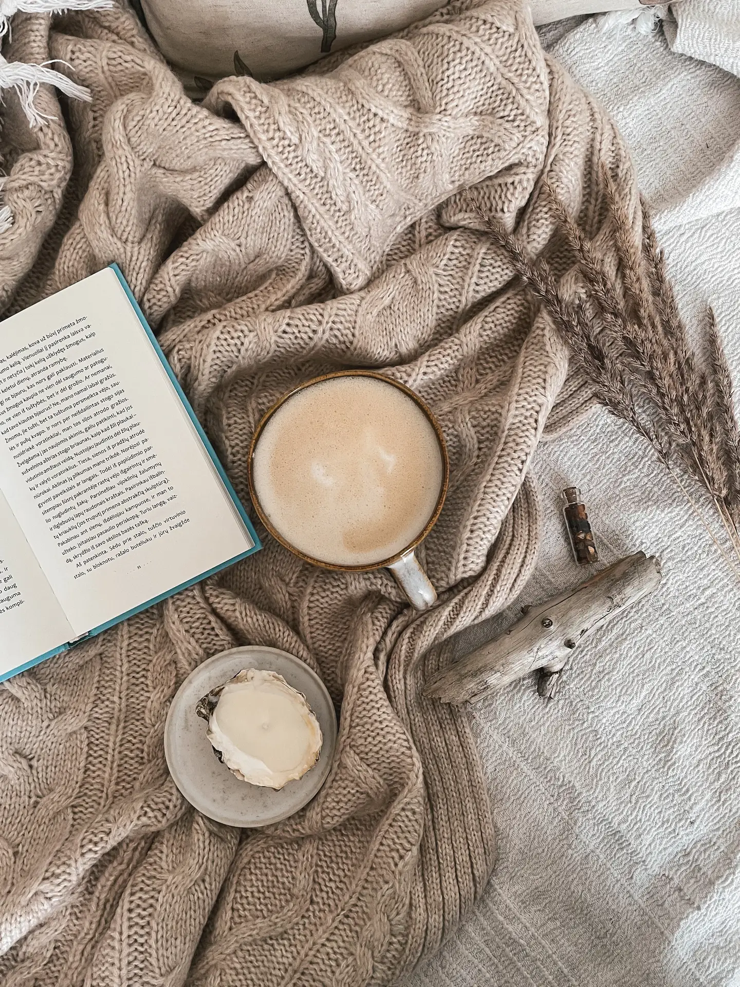 A warm, inviting scene often found in cozy living rooms, featuring an open book, a mug of frothy coffee, and natural decor pieces arranged on oversized knit blankets in soft beige tones.