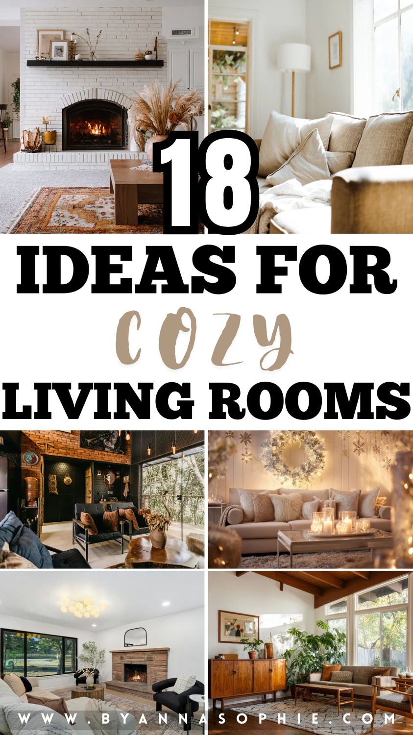 A collage-style Pinterest pin showcasing inviting design ideas for cozy living rooms, featuring warm fireplaces, layered textures, soft lighting, and comfortable seating. The center text reads “18 Ideas for Cozy Living Rooms,” surrounded by various stylish interiors that highlight comfort and warmth.