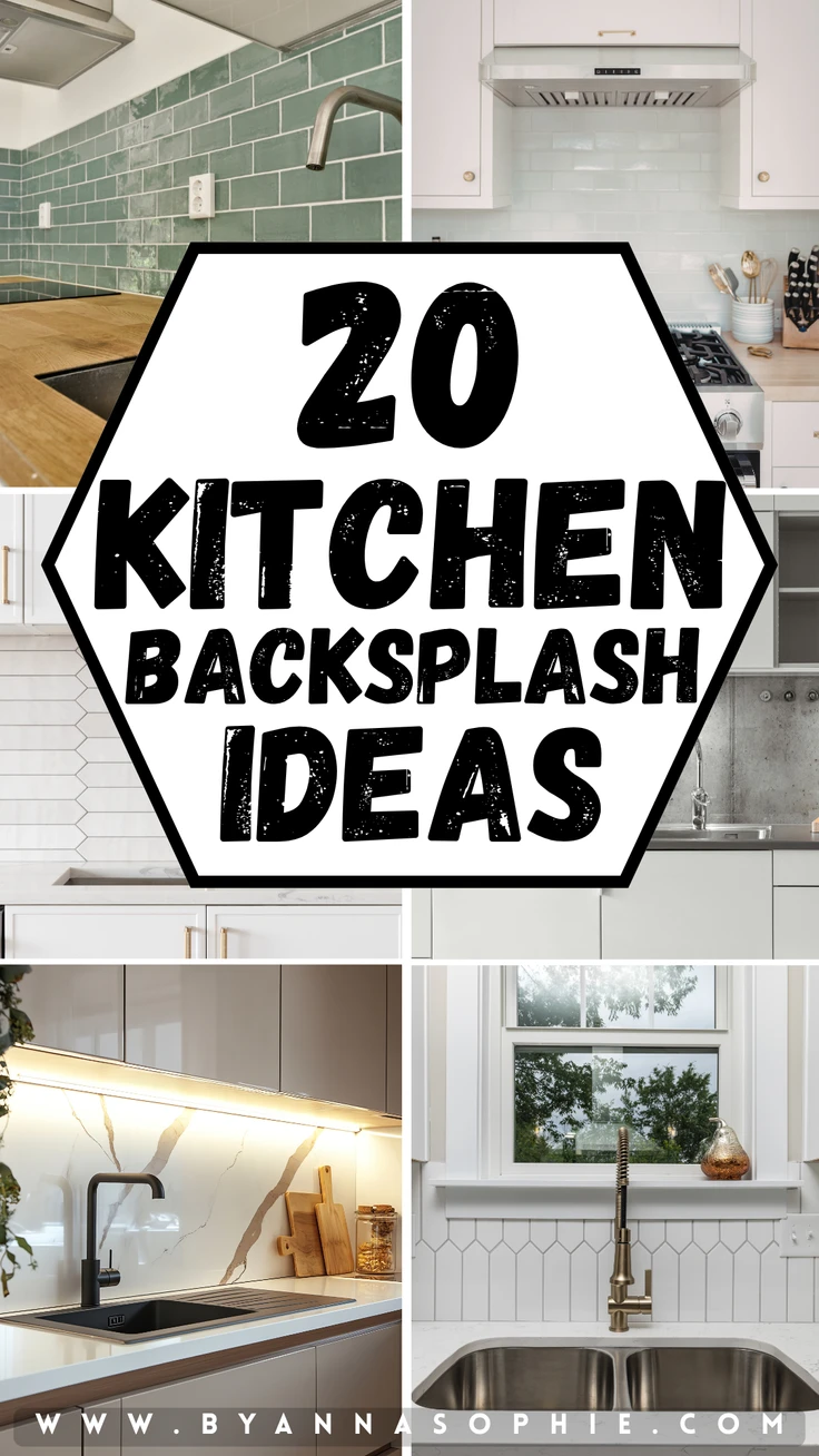 A Pinterest pin featuring various kitchen backsplash ideas, from glossy green tiles to sleek marble slabs and geometric white designs. The mix of materials and textures highlights creative ways to personalize kitchen spaces with both timeless and contemporary styles.