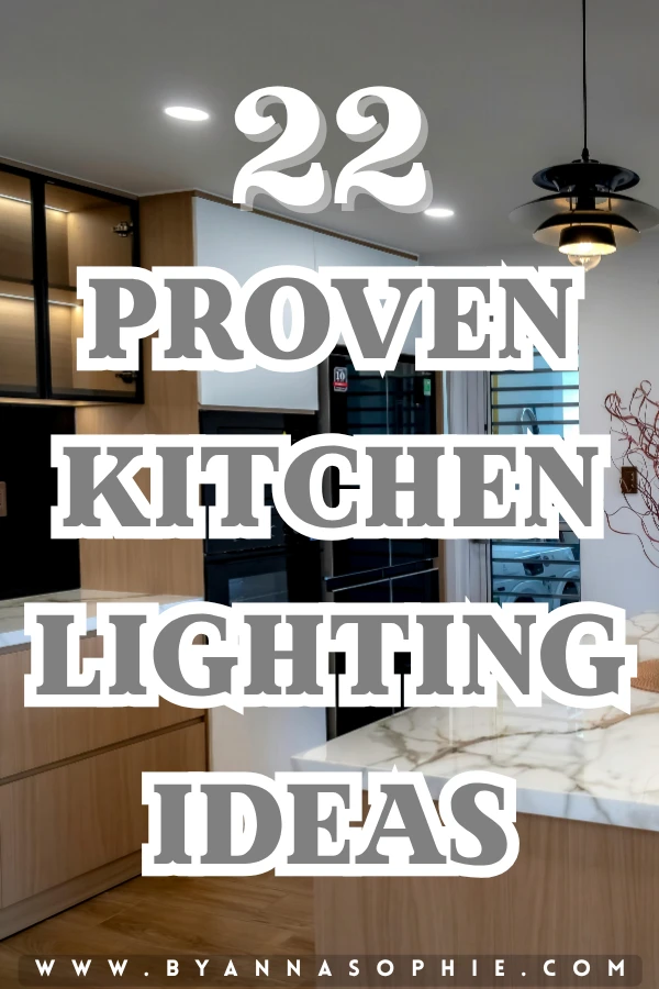 Pinterest Pin with 20 proven kitchen lighting ideas, featuring pendant lights, recessed ceiling lights, under cabinet lighting, and modern fixtures. Perfect inspiration to brighten up any kitchen space.
