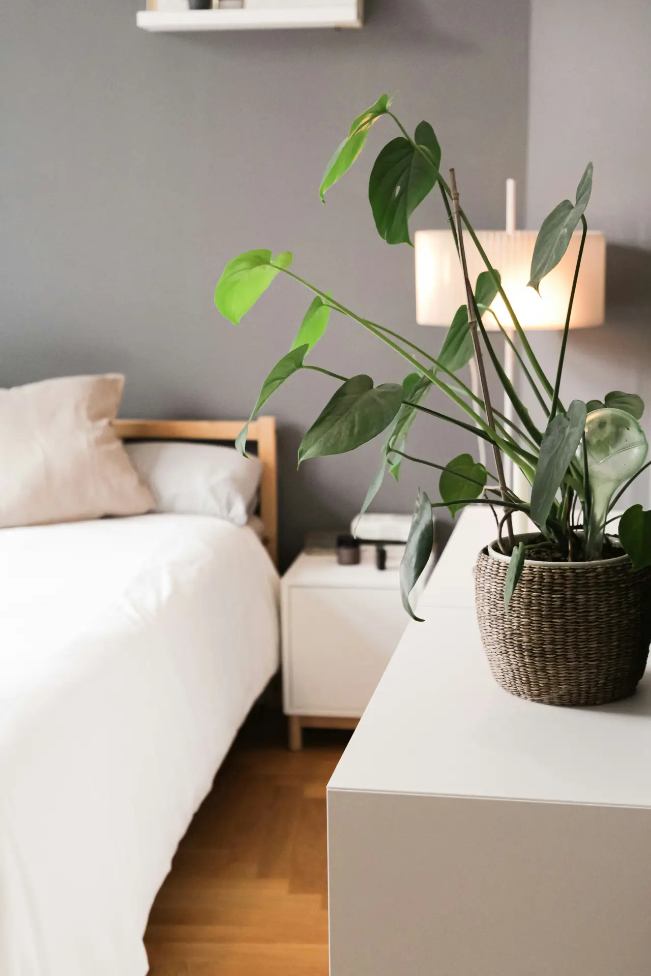 A calm minimal bedroom featuring soft white bedding, a light wood bed frame, and a sleek nightstand with simple decor. A single leafy plant placed in a woven basket adds one natural element that brings freshness and contrast to the muted tones of the room.