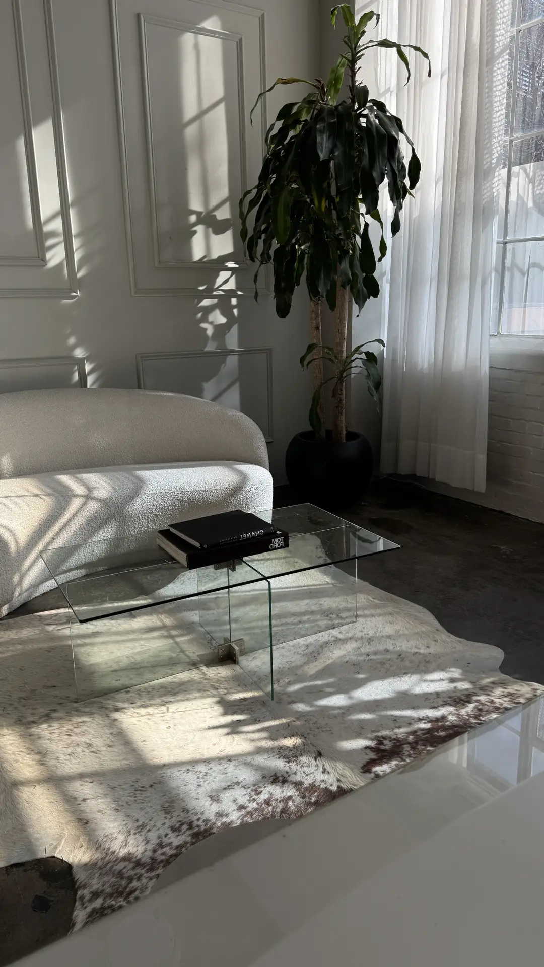 A minimalist living room bathed in natural light, featuring a white boucle sofa, a glass coffee table with a few design books, and a large potted plant. The decluttered surfaces and clean lines create a serene and sophisticated atmosphere.
