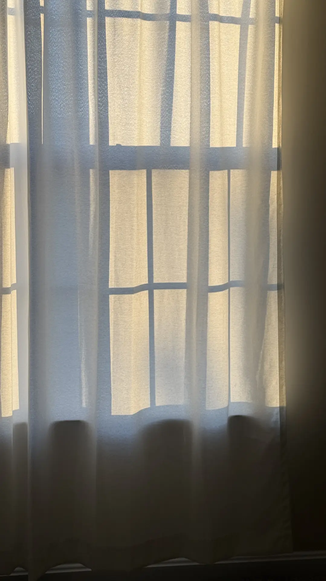 Soft sunlight filters through sheer white fabric, casting gentle shadows on the wall and floor. The image captures the calm essence of a minimalist living room with minimal curtains, emphasizing simplicity, light, and natural warmth in the space.