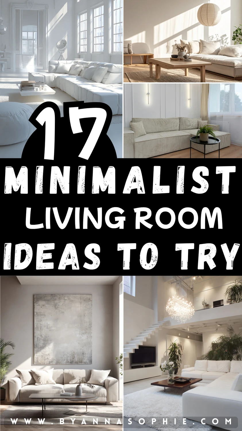 Pinterest pin showcasing elegant minimalist living room inspiration with neutral color palettes, clean lines, and cozy yet uncluttered designs. The image promotes “17 Minimalist Living Room Ideas to Try,” featuring bright and airy interiors with modern furniture and natural light.