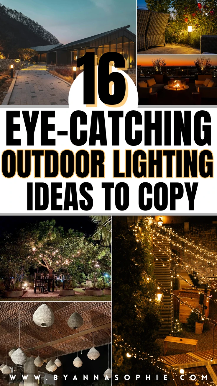 A Pinterest pin showcasing creative outdoor lighting ideas, featuring illuminated pathways, cozy patios with fire pits, string lights draped over trees and stairs, and hanging lanterns. The collection captures different ways to enhance outdoor spaces with inviting and stylish lighting setups.