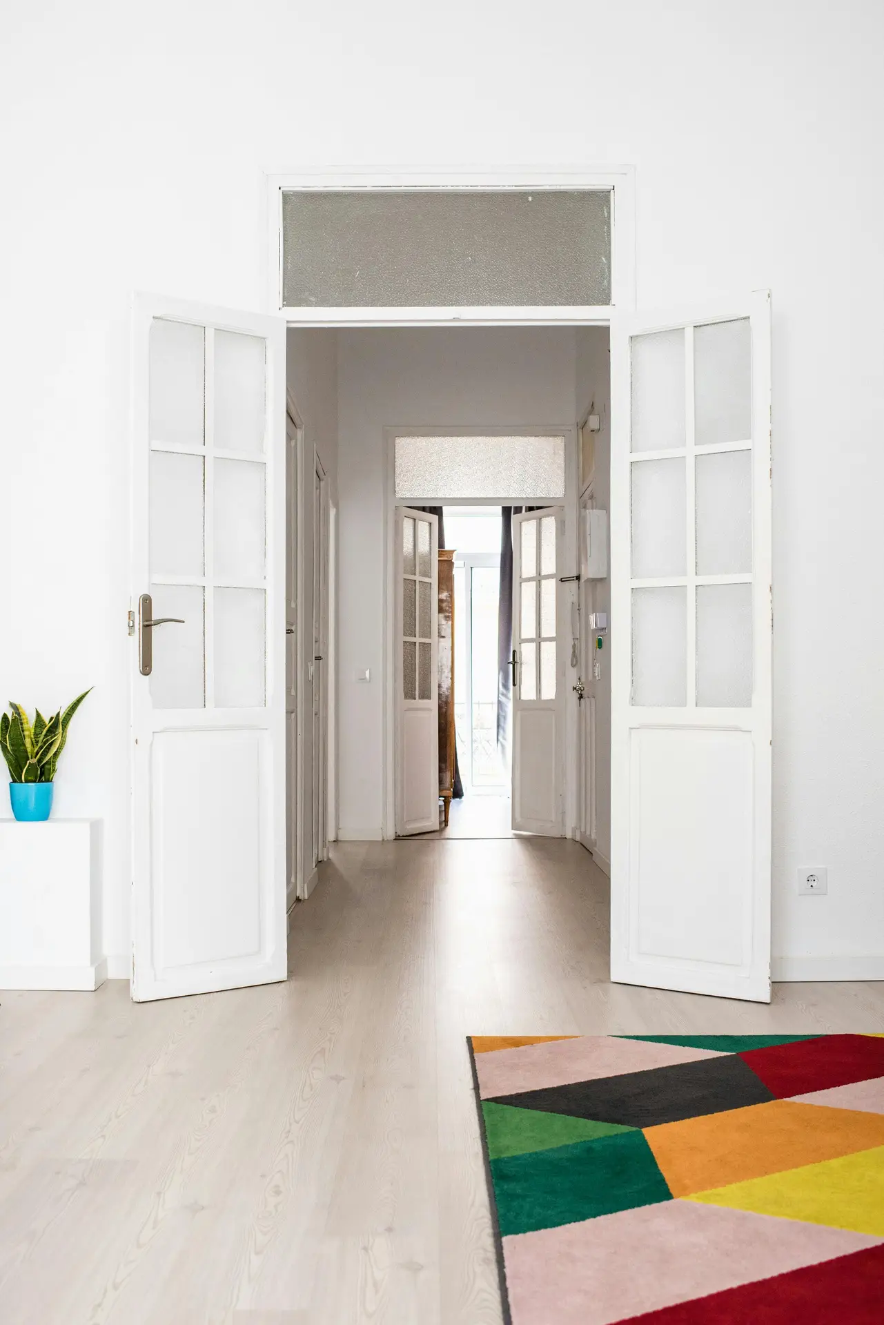 A bright interior with light-wood flooring leads through double doors into a long hallway, accented by a colorful geometric rug and a small plant in a blue pot. The open layout and clean white walls create a spacious feel, offering a simple example of small living room decor that relies on light surfaces and airy transitions.