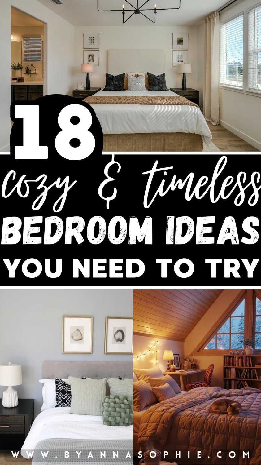 Pinterest pin featuring a collage of cozy, timeless bedroom ideas, including neutral modern spaces, layered bedding, warm lighting, and inviting decor accents. The text overlay highlights “18 cozy & timeless bedroom ideas you need to try,” showcasing inspiration for creating stylish and comfortable bedrooms.