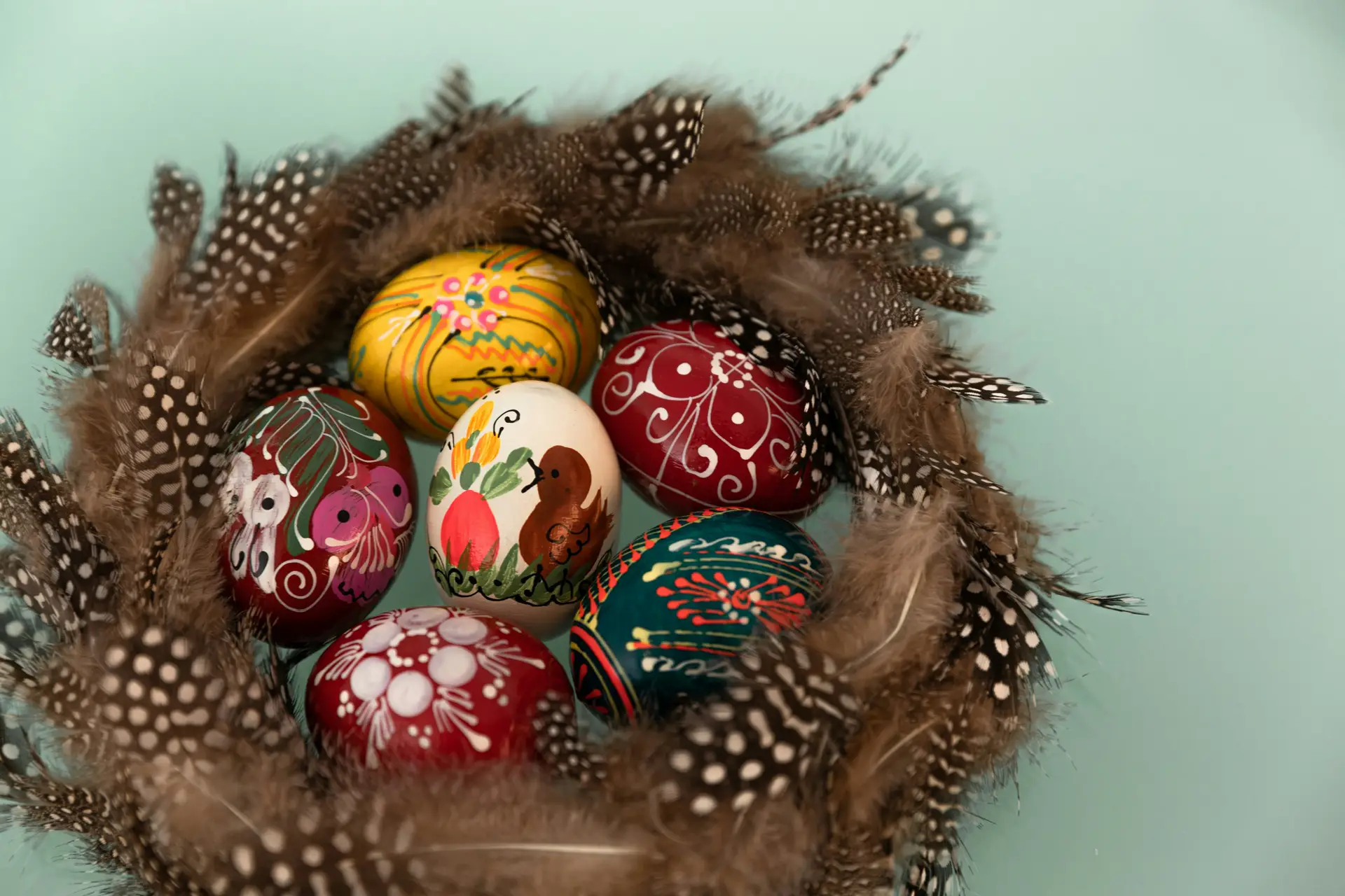 Easter decor ideas showcasing an easter nest filled with hand-painted decorative eggs in vibrant colors, arranged inside a ring of soft feathers to create a playful seasonal accent for tables, shelves, or festive displays.