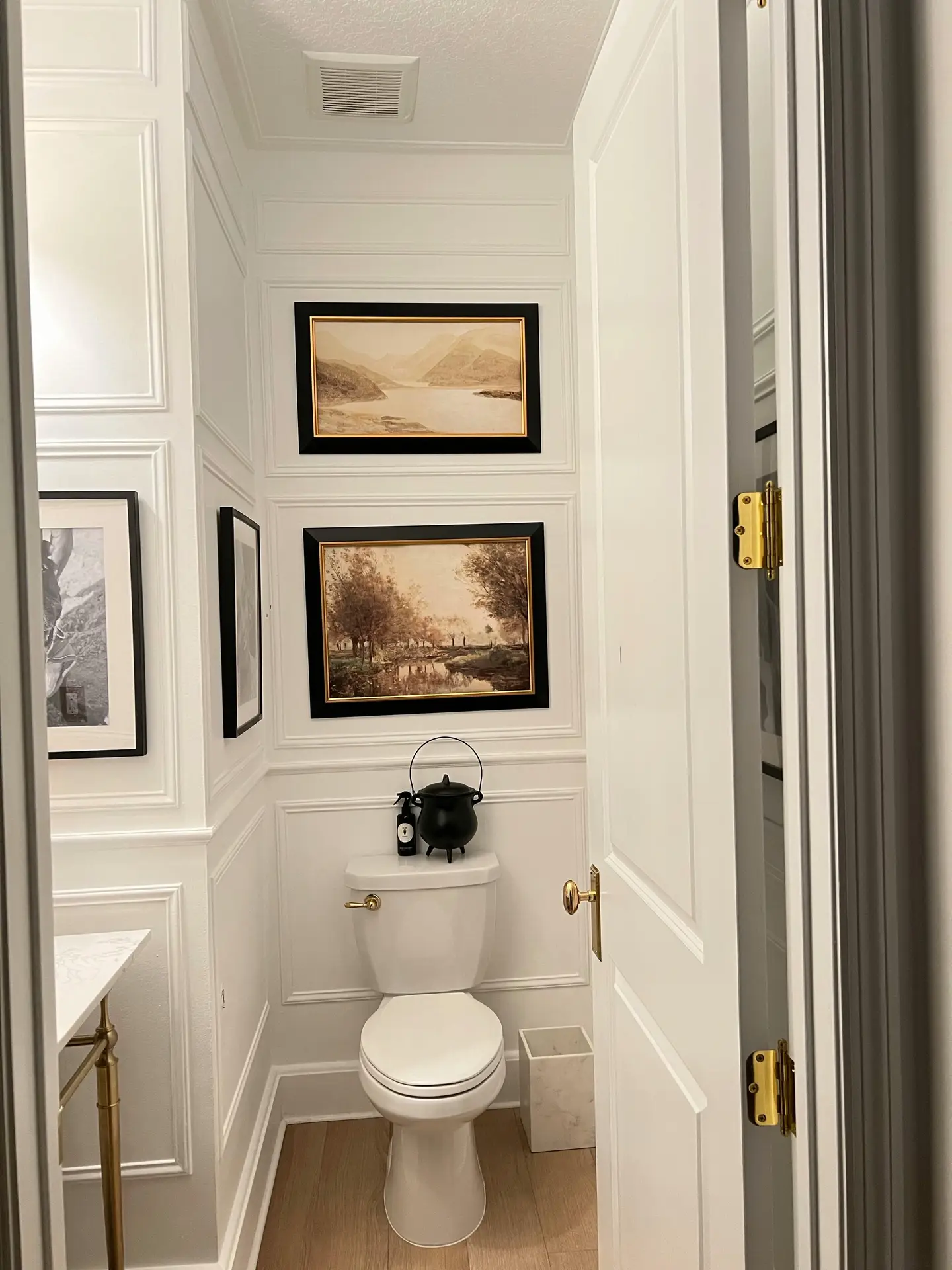 A narrow, bright bathroom with white paneled walls, a classic toilet, and light wood flooring, styled with framed landscape artwork above the toilet. The scene highlights girls bathroom ideas by using art prints in waterproof frames to add personality and elegance while keeping the space practical, clean, and adaptable to different interior styles.