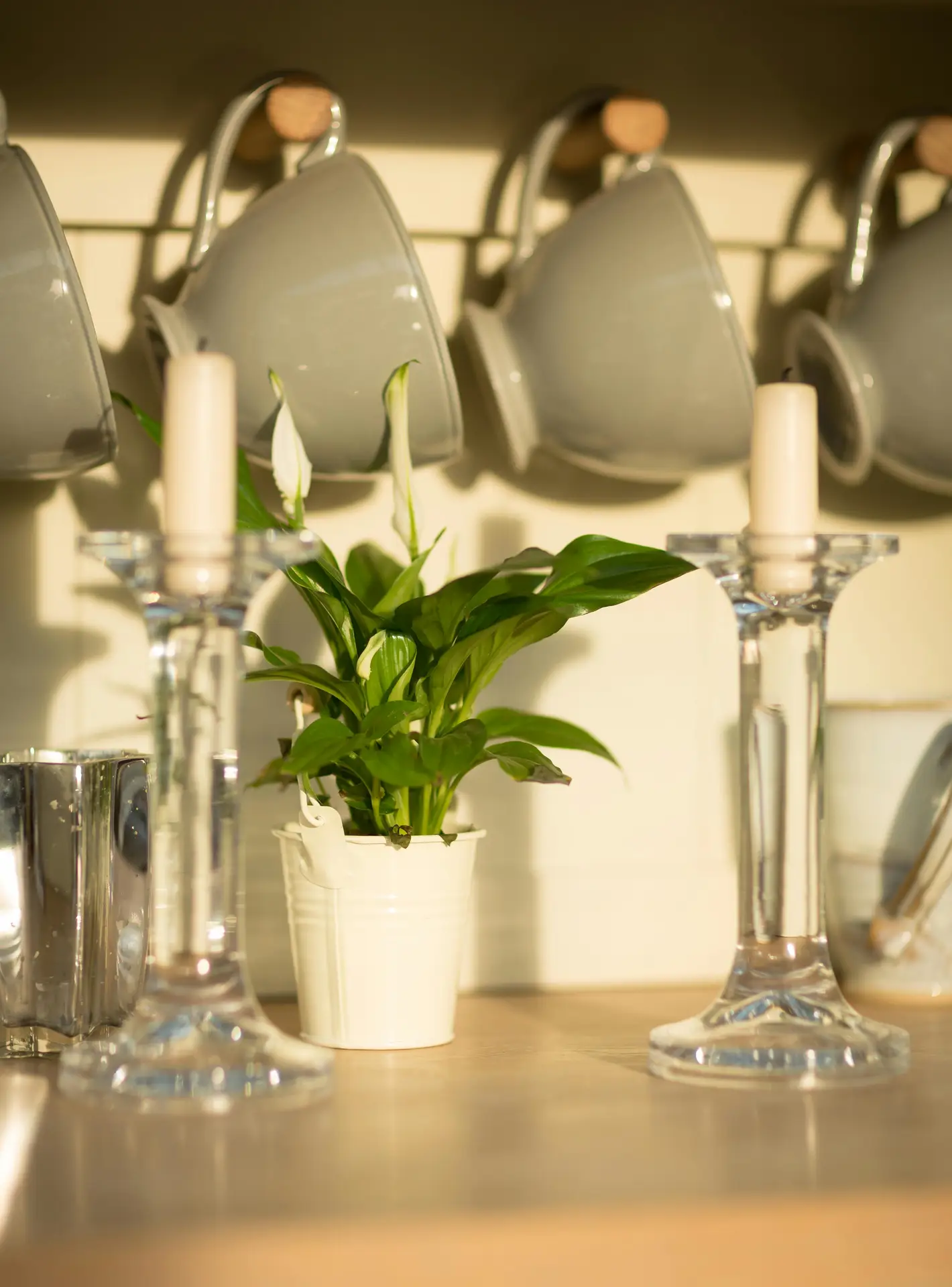 A cozy kitchen moment featuring a small potted plant adding natural greenery between two clear candlesticks. Above the counter, neutral-toned mugs hang neatly from wooden pegs, catching the warm sunlight. The setup highlights simple kitchen ideas that blend functional storage with soft, organic touches.