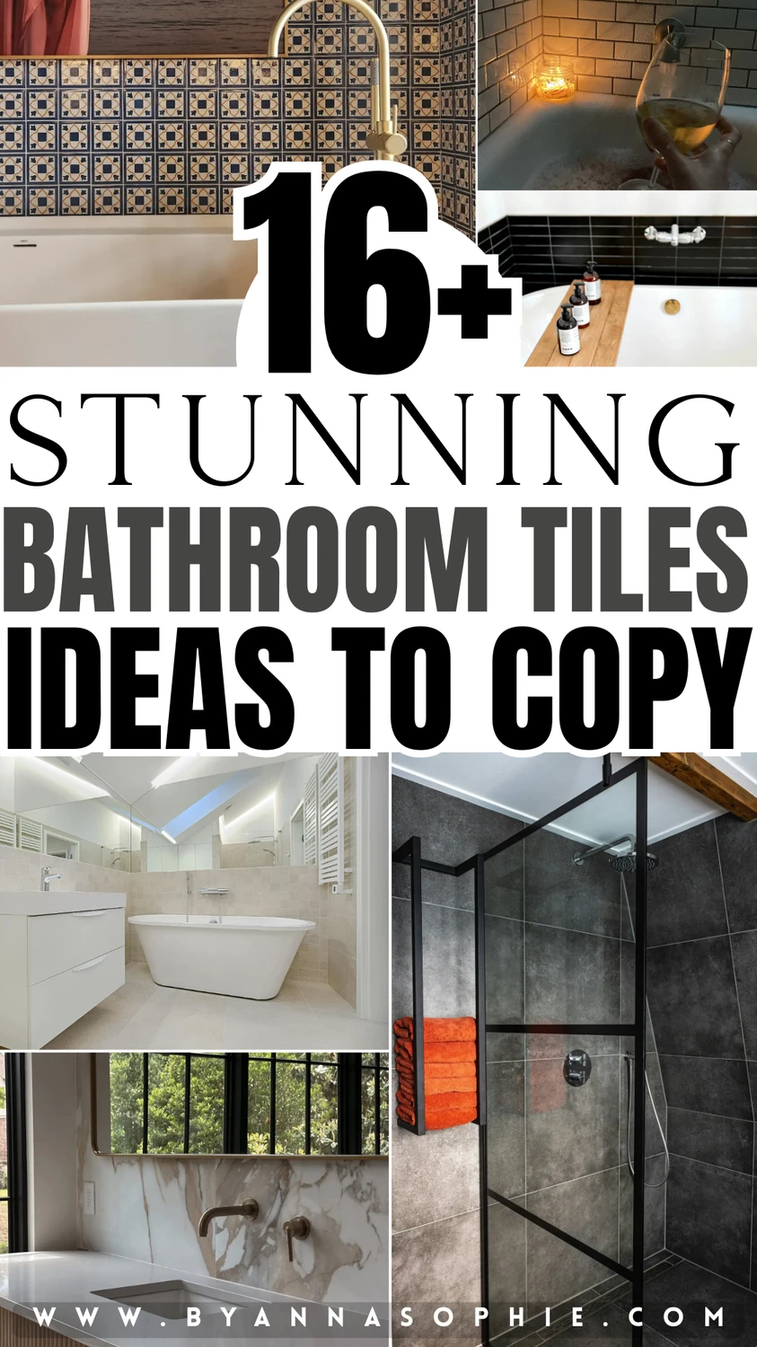 Pinterest pin featuring a collage of modern and cozy bathrooms with patterned wall tiles, dark stone shower tiles, marble-look surfaces, and a bold headline reading 16+ stunning bathroom tiles ideas to copy, showcasing different bathroom tiles ideas for stylish remodel inspiration.