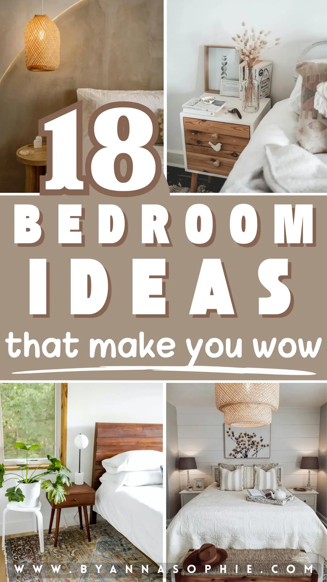 Pinterest Pin showcasing cozy bedroom ideas with a collage of calm, neutral sleeping spaces, featuring wooden nightstands, soft white bedding, woven pendant lights, layered textures, indoor plants, and a warm, inviting aesthetic highlighted by a bold headline and lifestyle-inspired design.