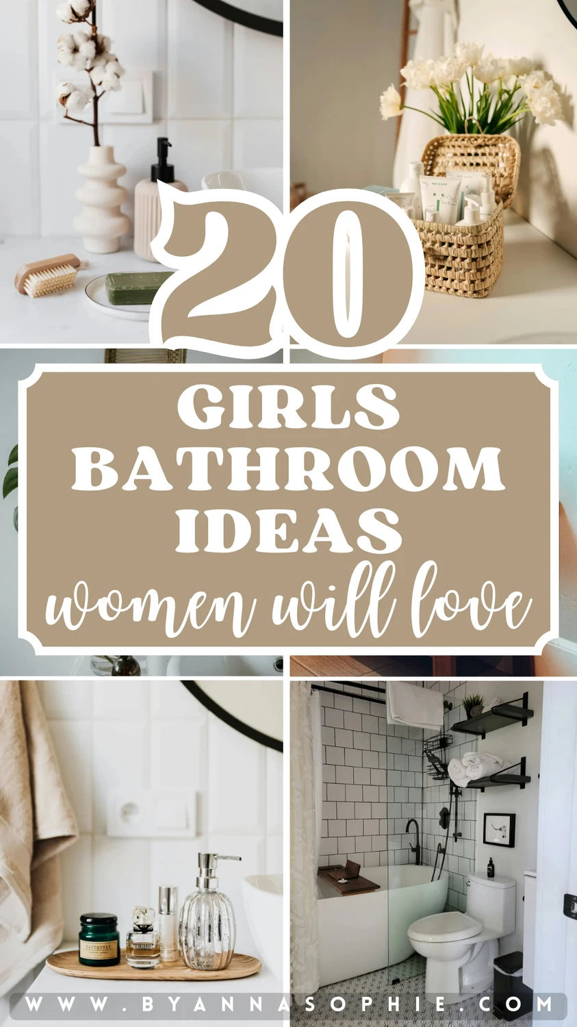 Pinterest pin showing a collage of soft, feminine bathroom setups with neutral tones, decorative soap dispensers, cotton stems in vases, woven storage baskets, fresh flowers, and a modern tiled bathroom, highlighting stylish and practical girls bathroom ideas.