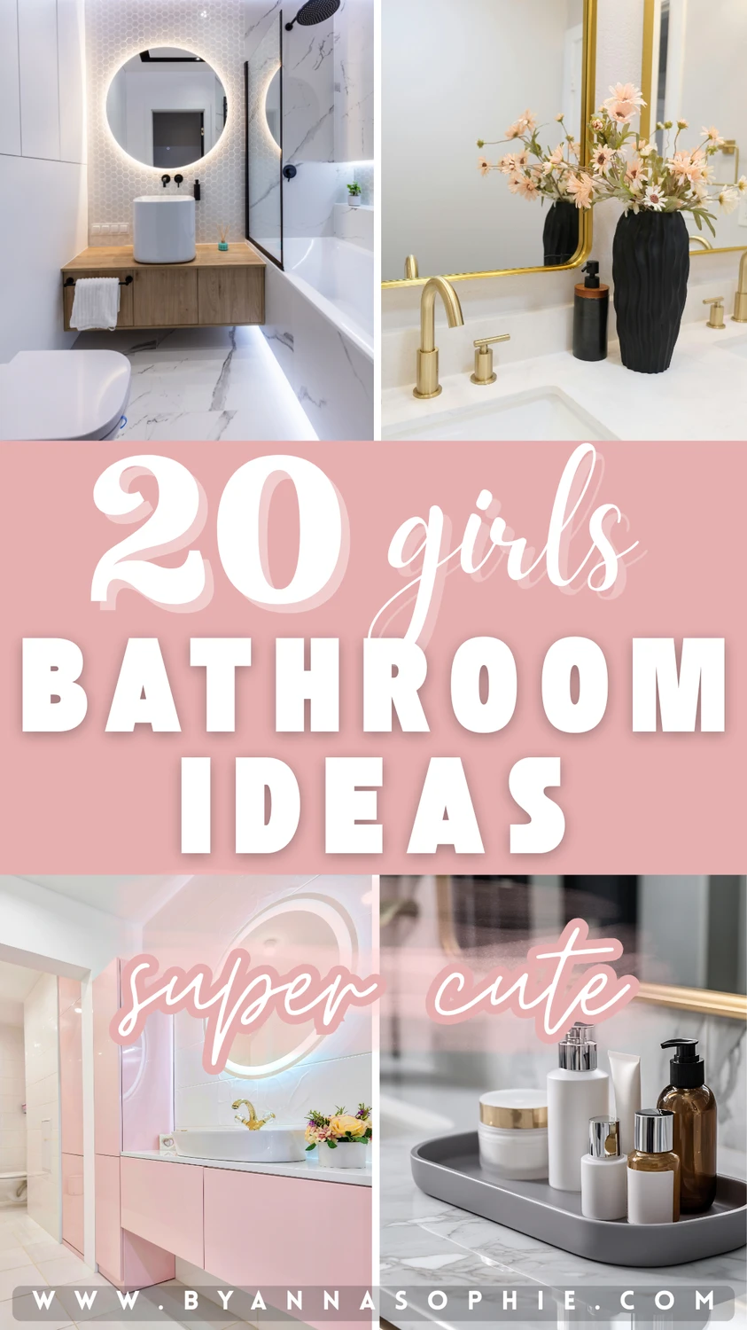 Pinterest pin featuring a collage of stylish girls bathroom ideas, showing modern bathrooms with round LED mirrors, marble-look walls, floating wood vanities, gold faucets, soft pink cabinetry, decorative vases with flowers, and neatly arranged soap dispensers on trays, overlaid with the text “20 girls bathroom ideas” and “super cute” in a blush color palette.