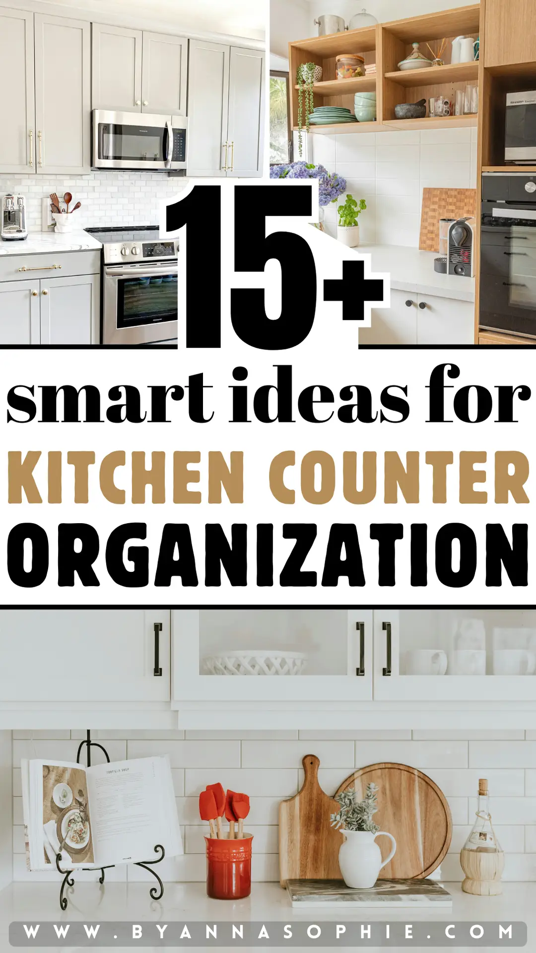 Pinterest Pin showcasing kitchen counter organization with a clean, modern kitchen setup, featuring white cabinets, open wooden shelves, neatly arranged dishes, cutting boards, small appliances, and decorative accents that highlight practical and stylish ways to keep kitchen countertops tidy and functional.