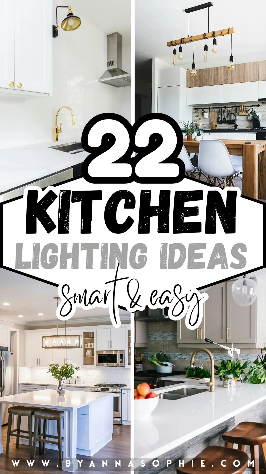 Pinterest Pin showcasing kitchen lighting ideas with a collage of modern kitchens featuring pendant lights over islands, brass and black fixtures, statement ceiling lights, bright white cabinetry, wooden accents, and well-lit countertops that highlight both functionality and stylish design.