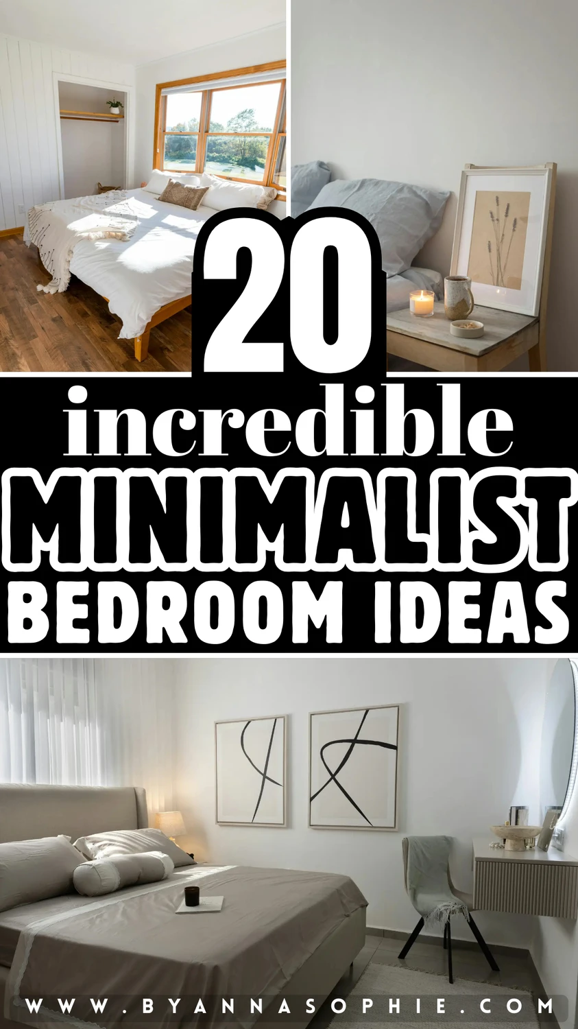 Pinterest pin featuring a collage of bright, airy bedrooms with simple furniture, neutral bedding, clean lines, natural wood accents, soft lighting, and minimal decor details, showcasing calming and modern minimalist bedroom ideas.