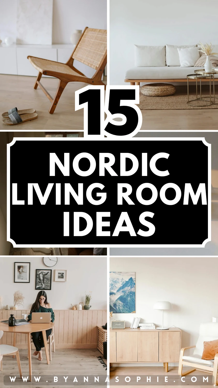 Pinterest pin showing a bright and airy nordic living room with light wood floors, neutral furniture, woven chairs, soft textiles, simple wall art, and clean-lined decor arranged in a calm, Scandinavian-inspired interior collage.