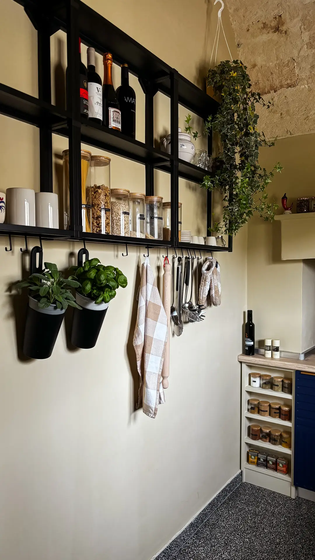 Cozy kitchen wall styled with organization ideas for small spaces, featuring a multi-purpose wall-mounted shelf that holds jars, bottles, and mugs, with hanging hooks below for utensils, towels, oven mitts, and small potted herbs, combining storage and decor in one vertical setup.